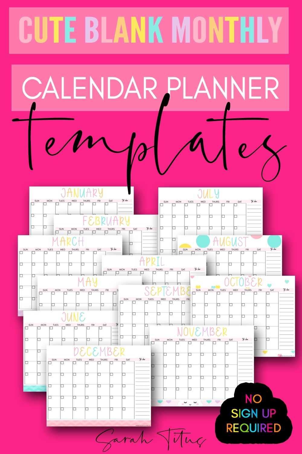Cute Blank Monthly Calendar Planner Templates - Sarah Titus Calendar Template With Lines