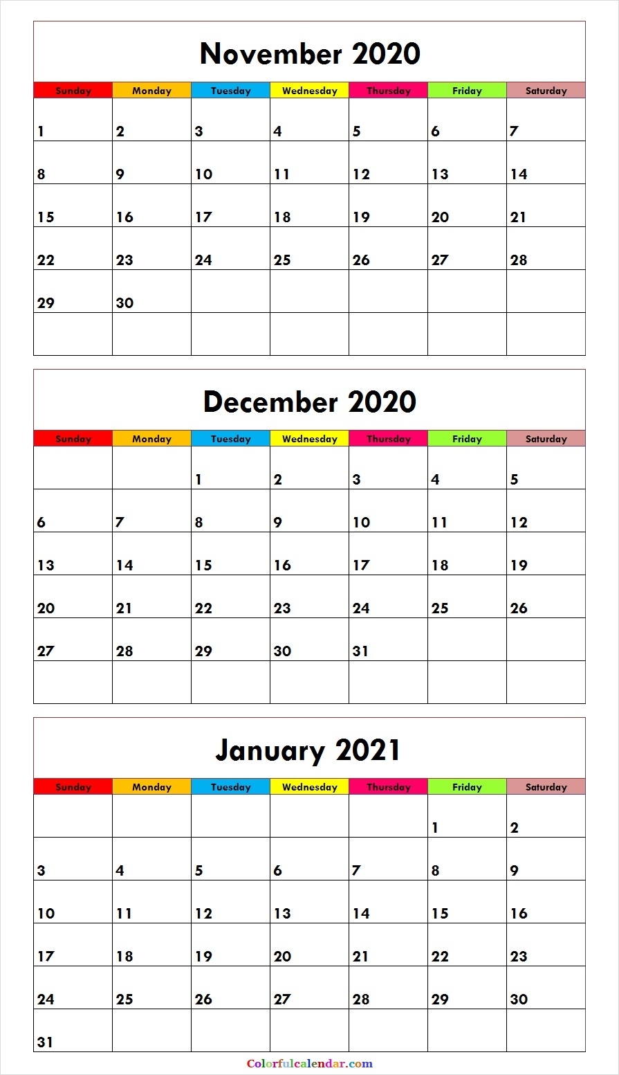Cute November December 2020 January 2021 Calendar Template 3 Month Calendar 2021 Printable