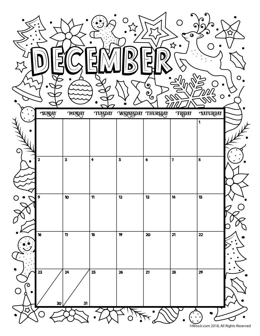 December 2018 Coloring Calendar Page | Woo! Jr. Kids December Calendar Template Kindergarten