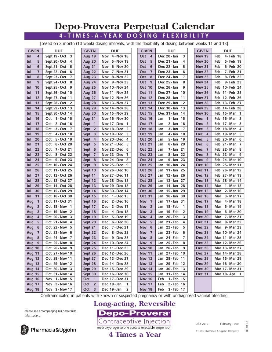 Depo Provera Calendar | Kostilka | Printable Calendar Depo Chart 2021