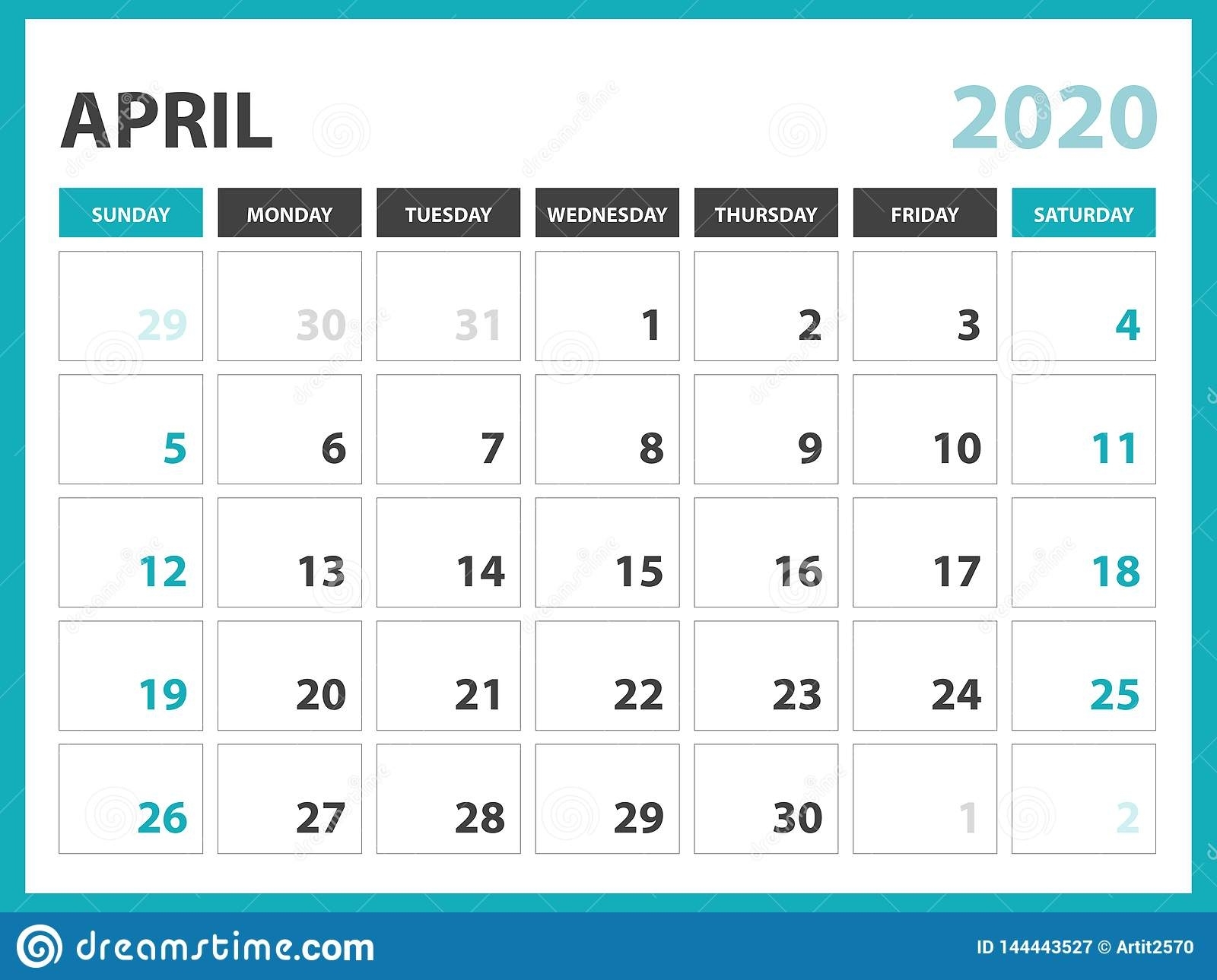 Desk Calendar Layout Size 8 X 6 Inch, April 2020 Calendar 6 X 6 Calendar Template