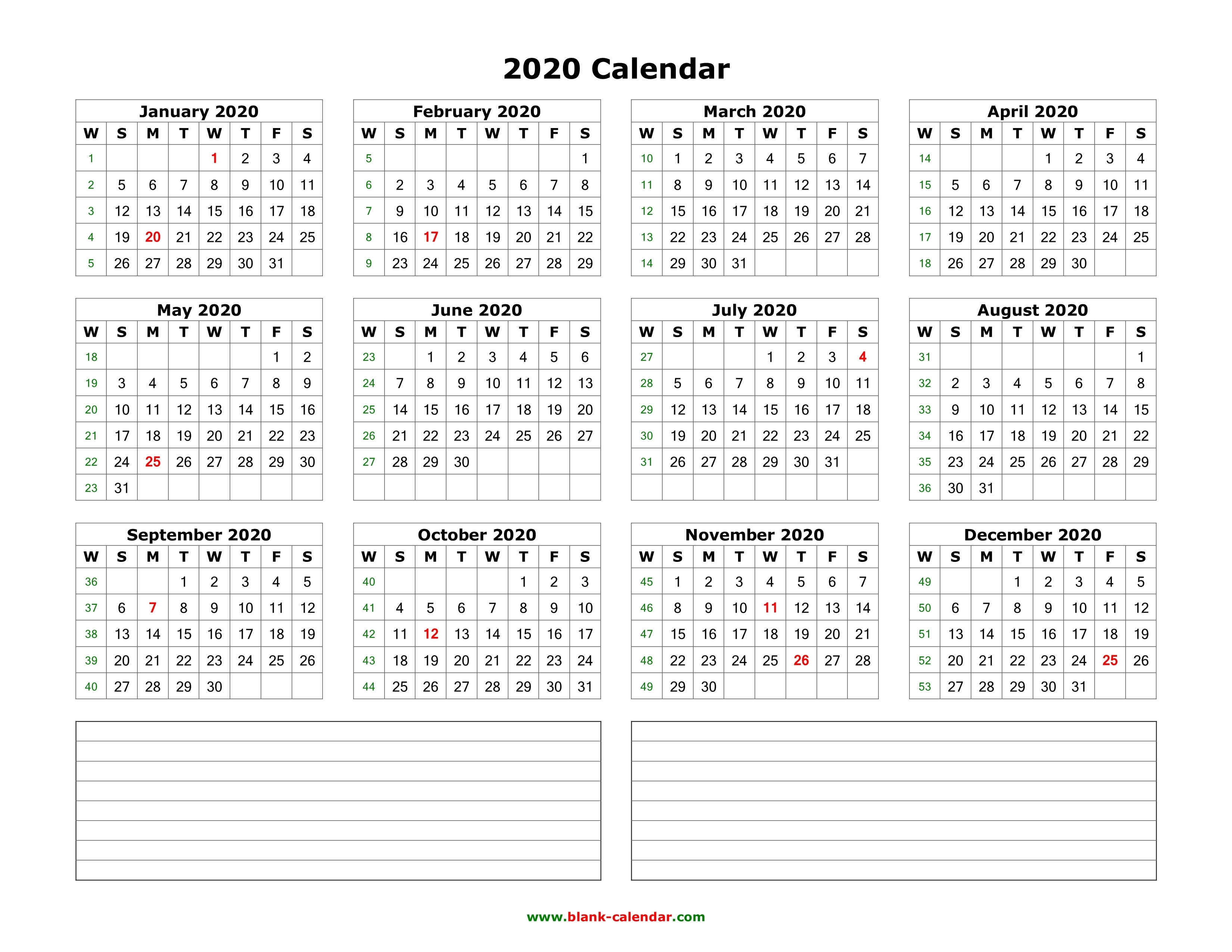 Download Blank Calendar 2020 With Space For Notes (12 Months Calendar Template With Notes