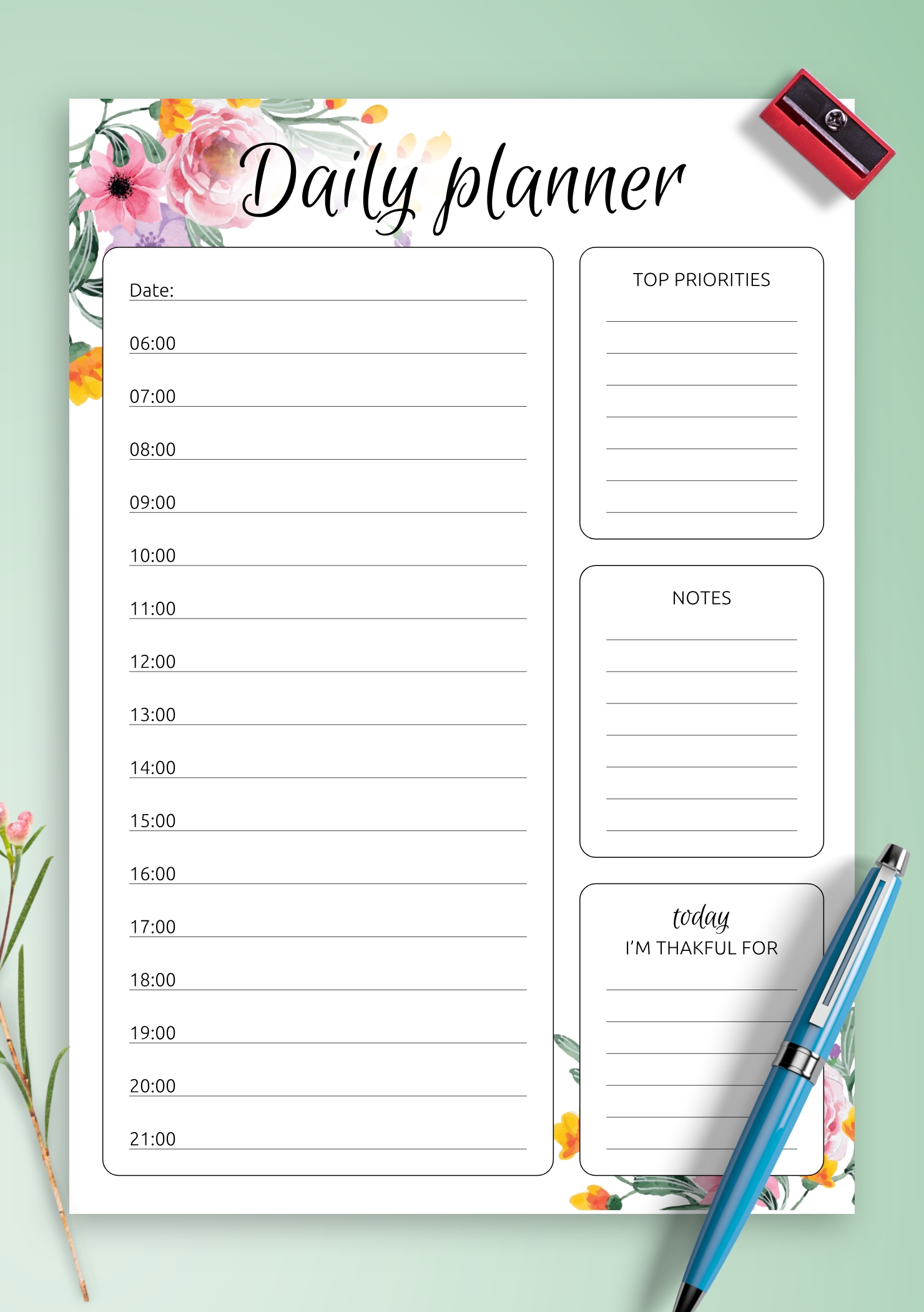 Download Printable Daily Hourly Planner With Flowers Pdf Calendar Template By Hour