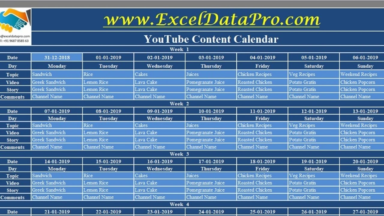 Download Youtube Content Calendar Excel Template - Exceldatapro Calendar Upload Template In Excel