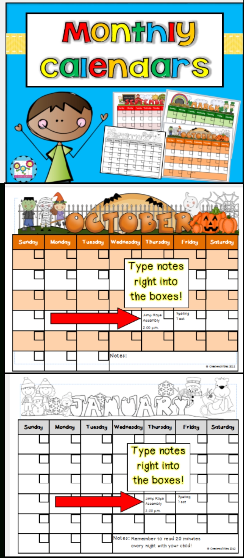 Editable Monthly Calendars. So Cute! You Can Type Your Free Kindergarten Calendar Templates