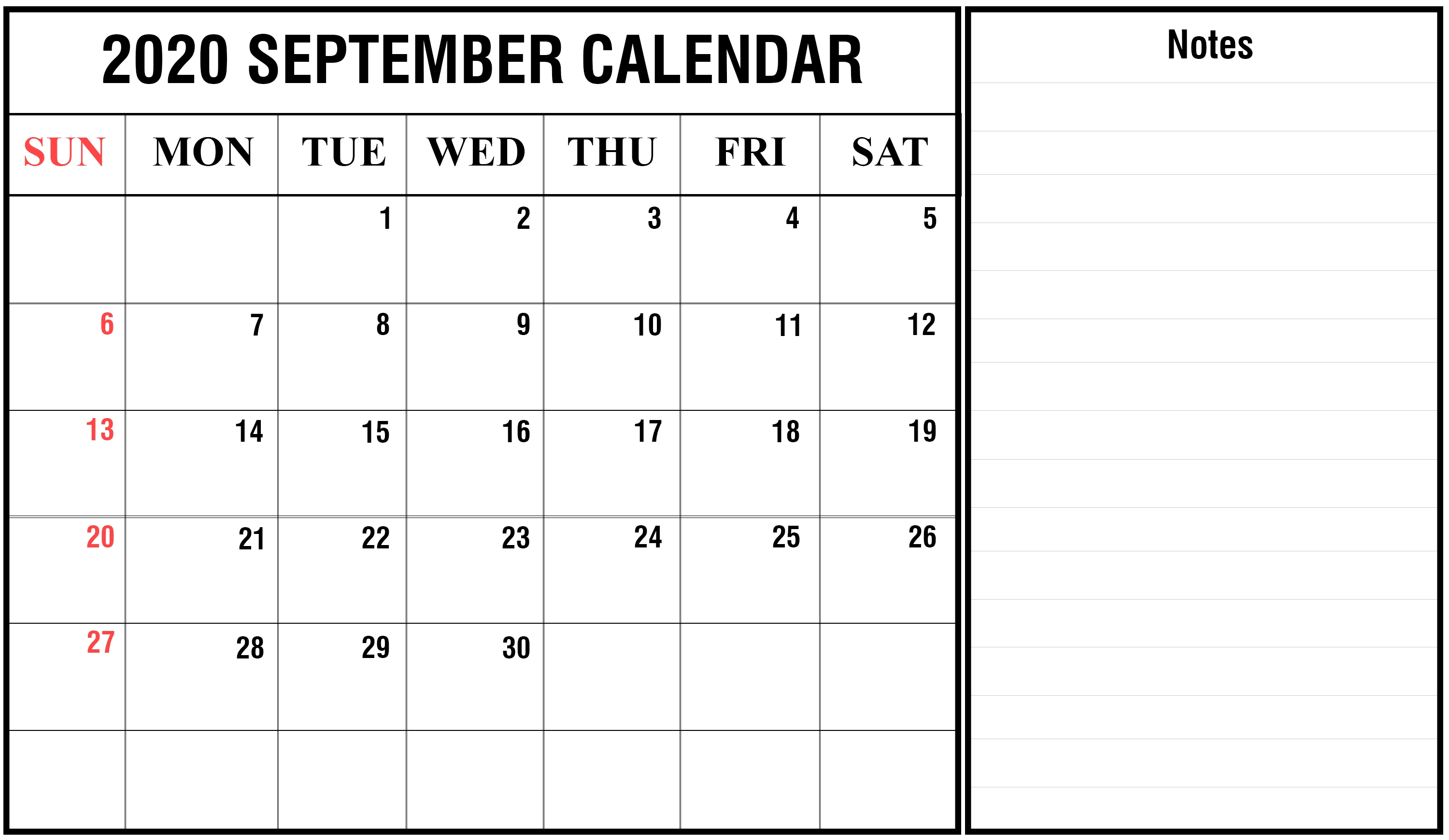 Editable September 2020 Blank Calendar With Notes In 2020 Calendar Template With Notes