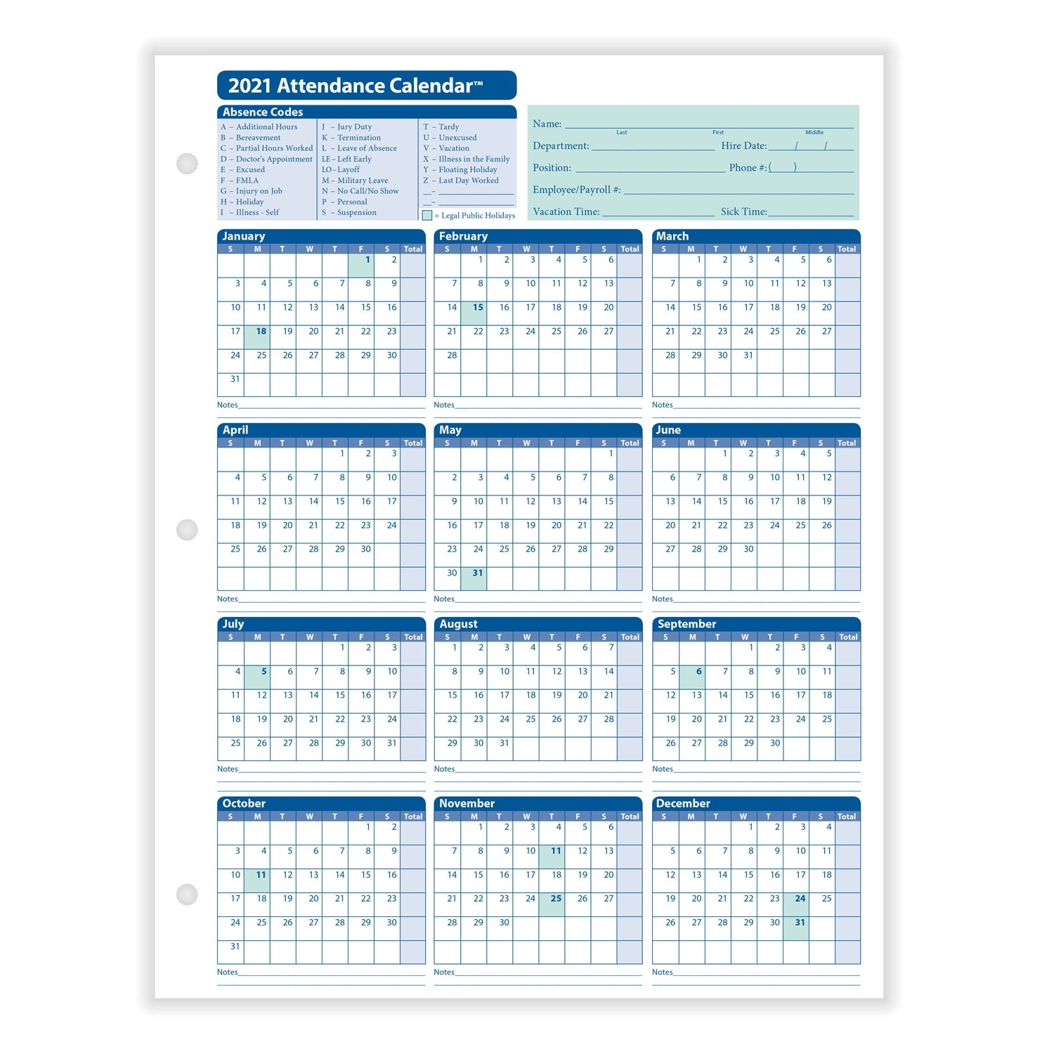 Employee Attendance Calendar Sick Day Calendar For Employees 2021