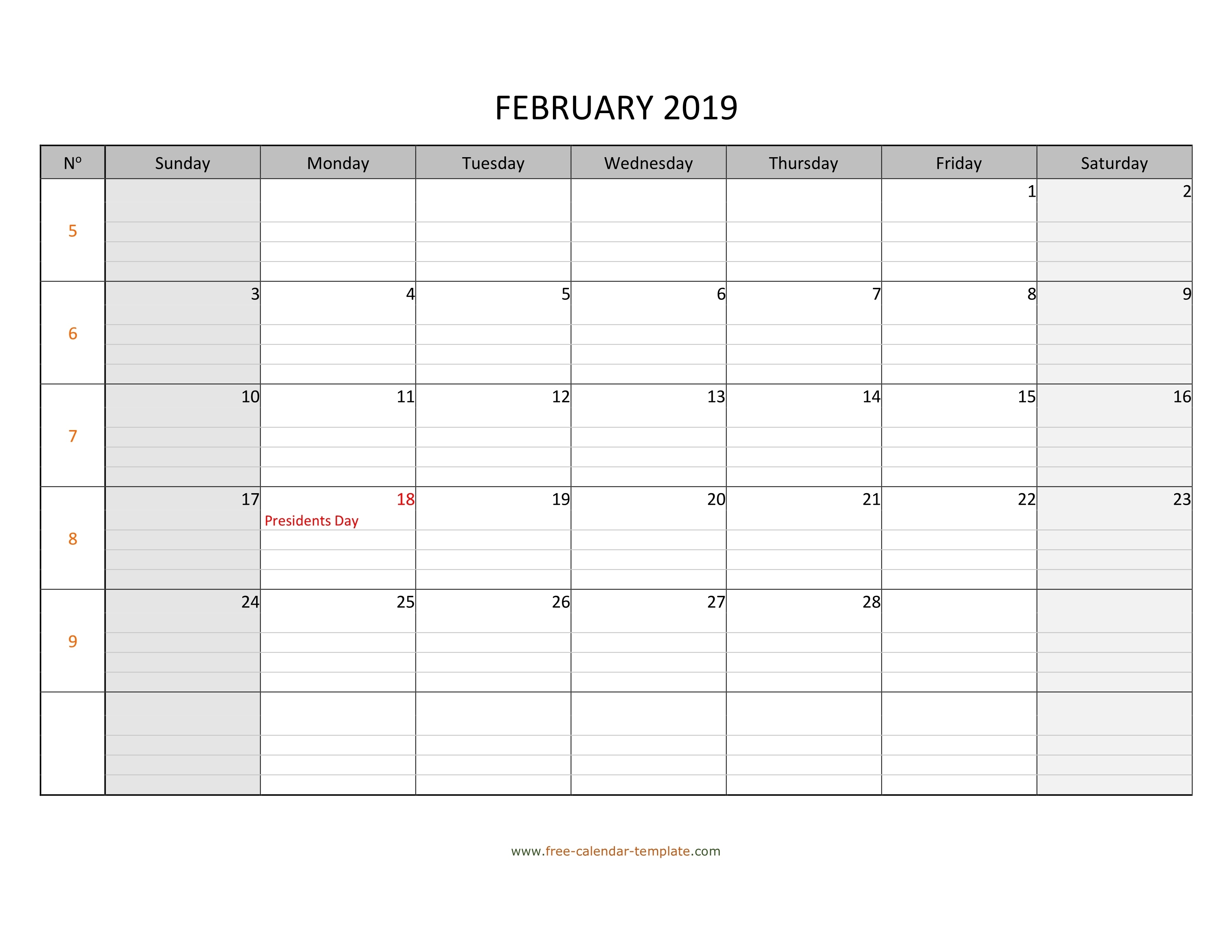 February 2019 Calendar Free Printable With Grid Lines Calendar Grid Template Pdf