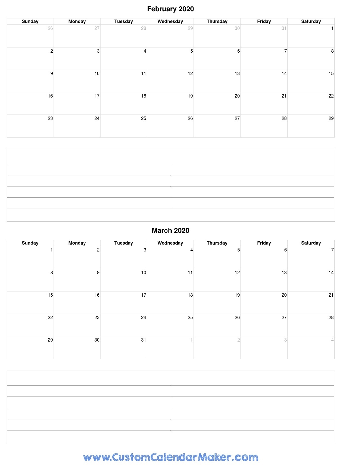 February To March 2020 Calendar Template With Notes Calendar Template With Notes