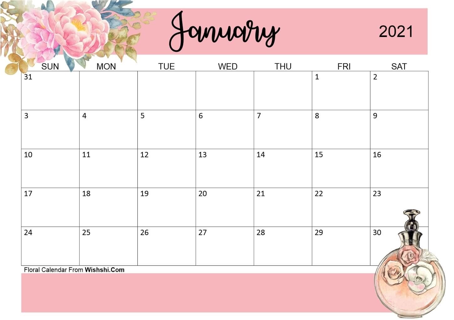 Floral January 2021 Calendar Printable - Free Printable 2021 Calendar Cute