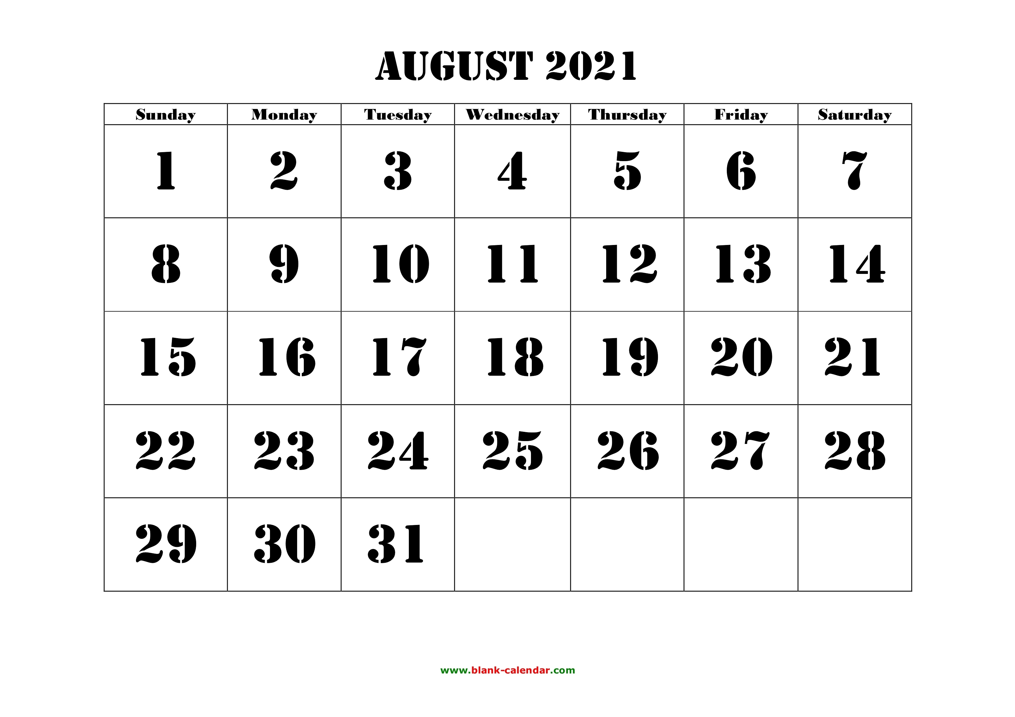 Free Download Printable August 2021 Calendar, Large Font August 2021 Calendar Print