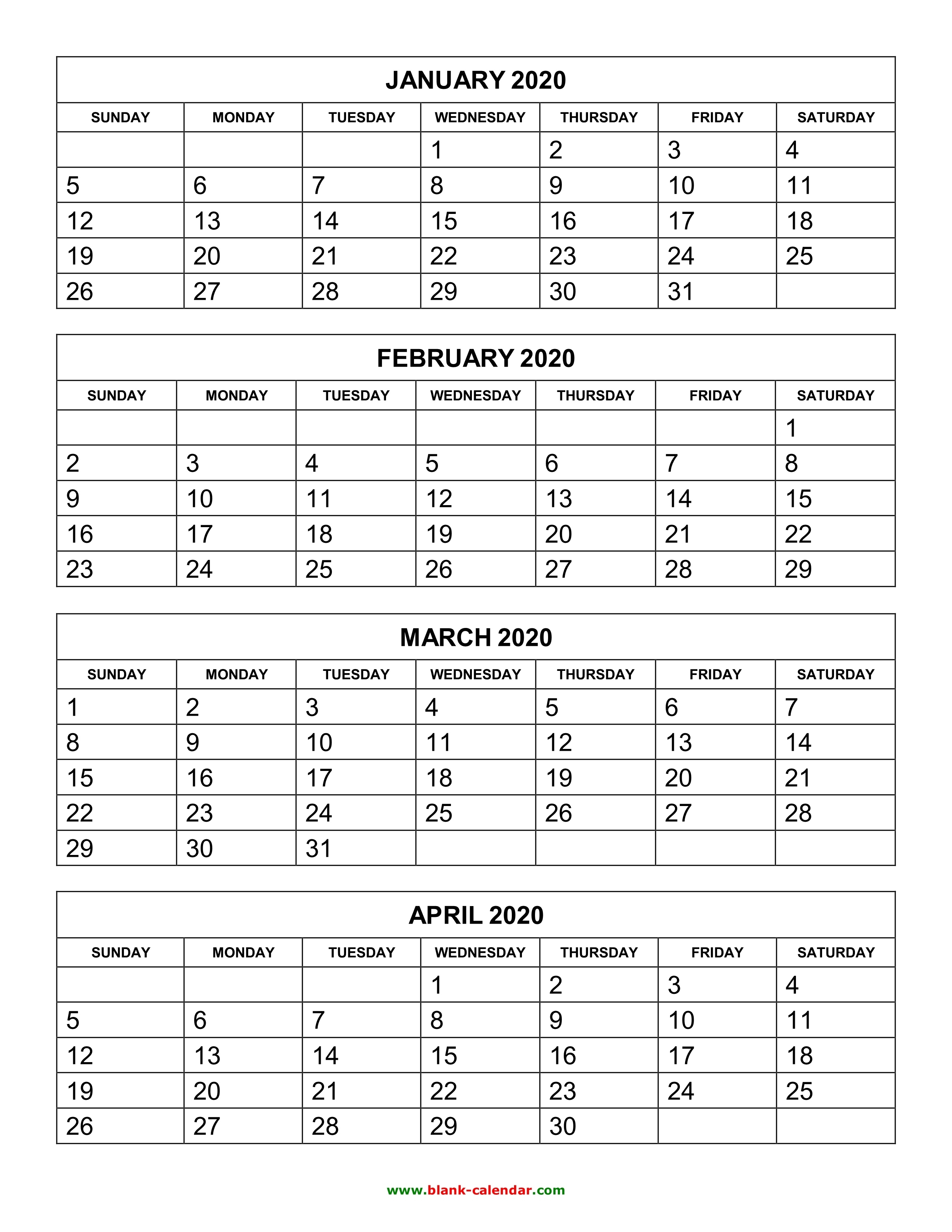 Free Download Printable Calendar 2020, 4 Months Per Page, 3 2021 3 Month Monthly Printable Calendars