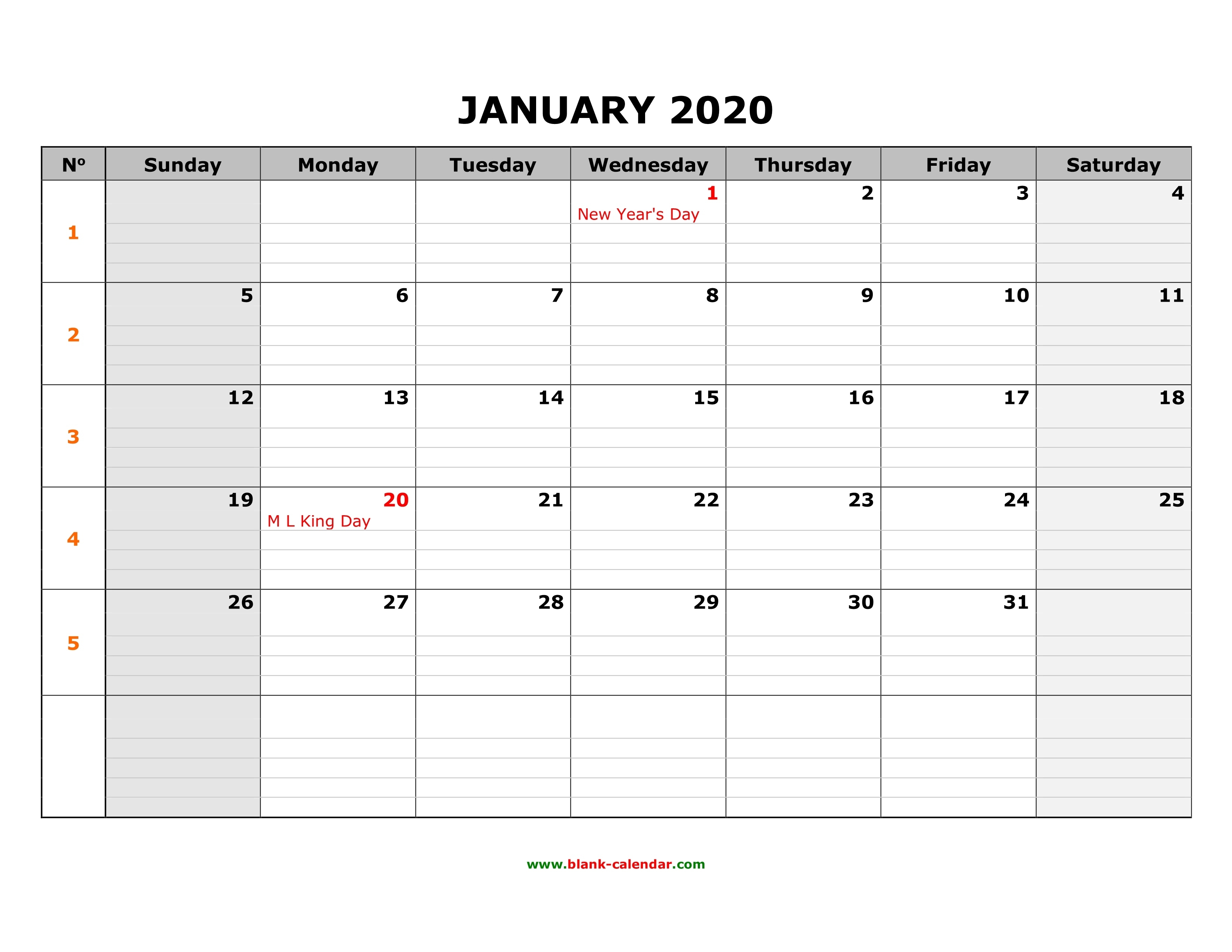 Free Download Printable Calendar 2020, Large Box Grid, Space Calendar Template With Notes