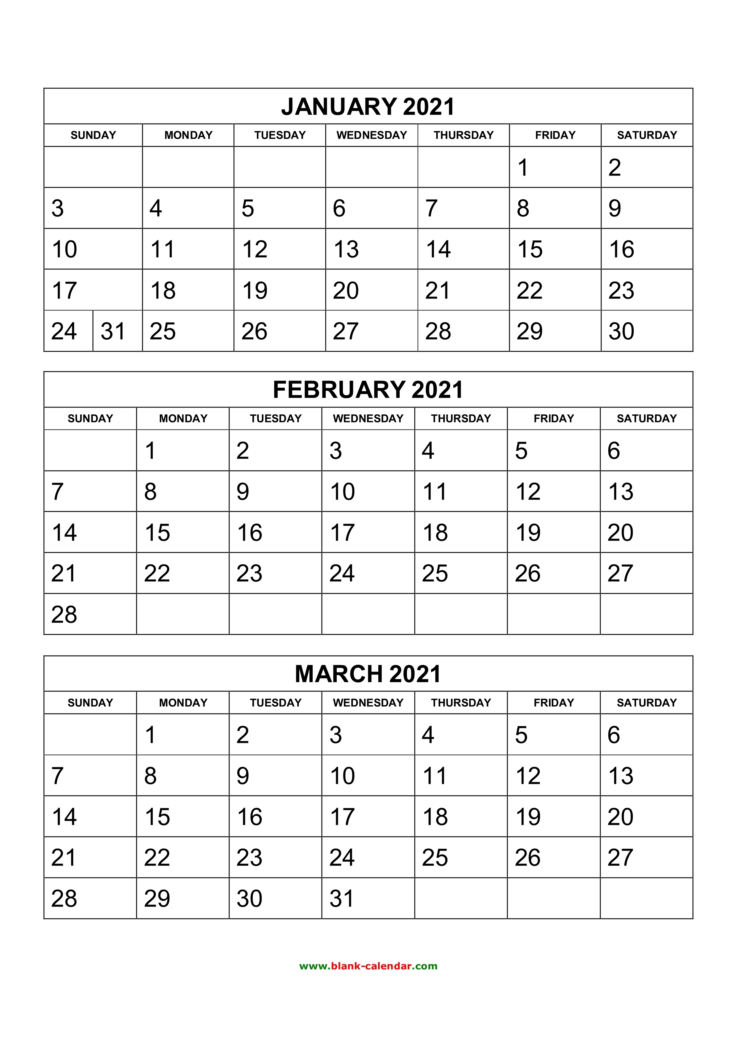 Free Download Printable Calendar 2021, 3 Months Per Page, 4 3 Month Calendar 2021 Printable