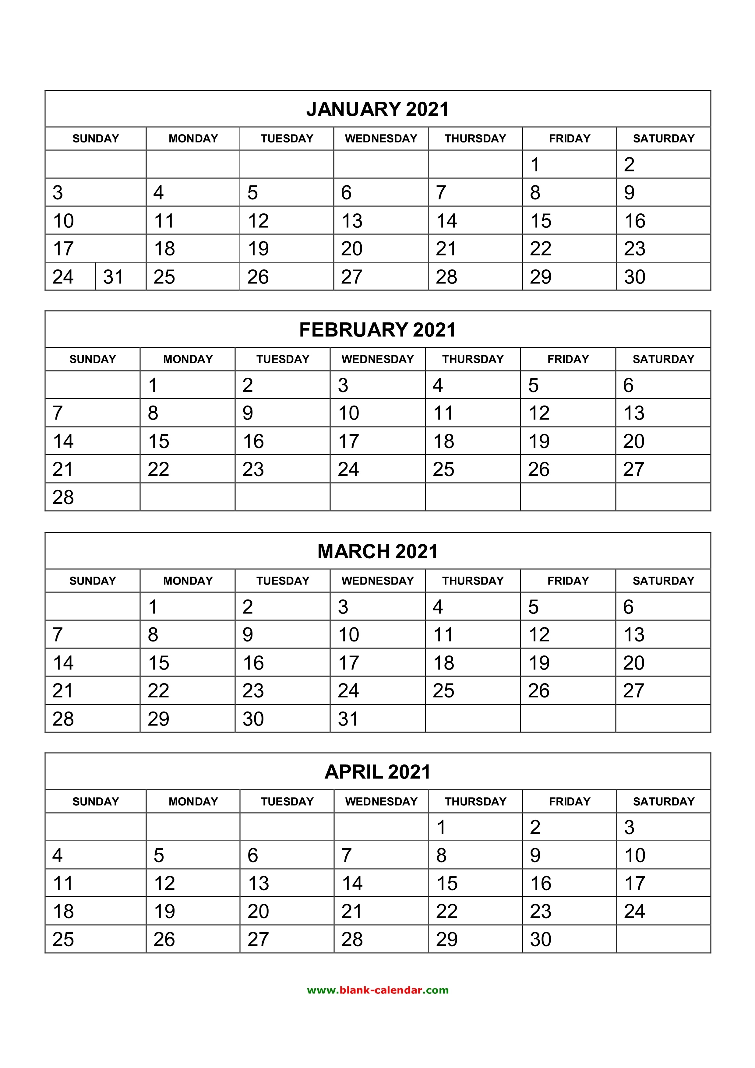 Free Download Printable Calendar 2021, 4 Months Per Page, 3 2021 3 Month Monthly Printable Calendars