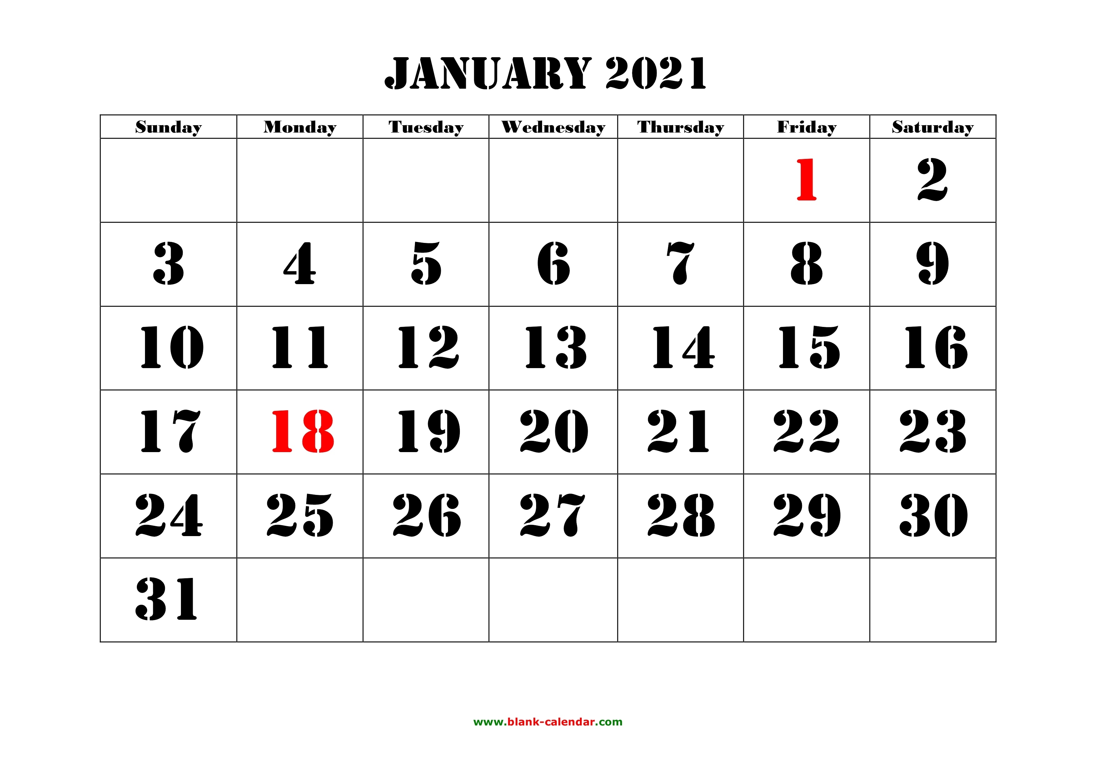 Free Download Printable Calendar 2021, Large Font Design 2021 Monthly Calendar Printable Pdf