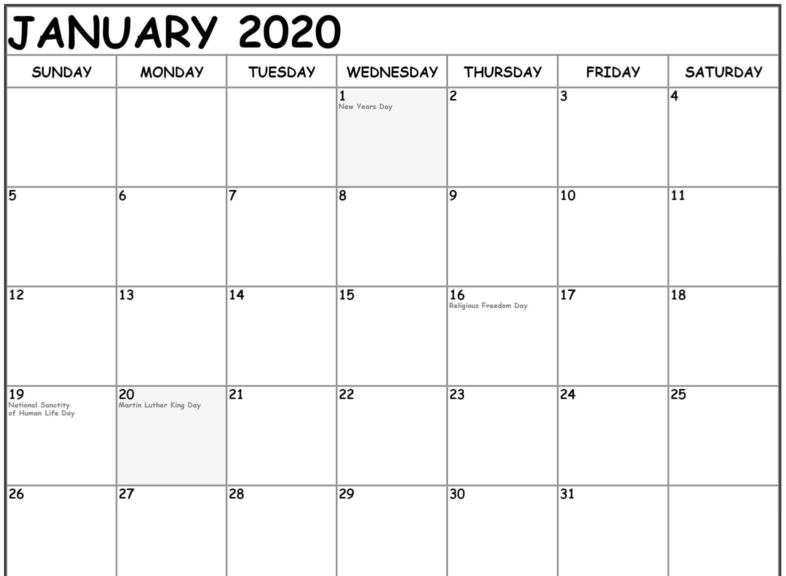 Free January Calendar 2020 Printable Template Download 1 In Calendar Template Editable Free