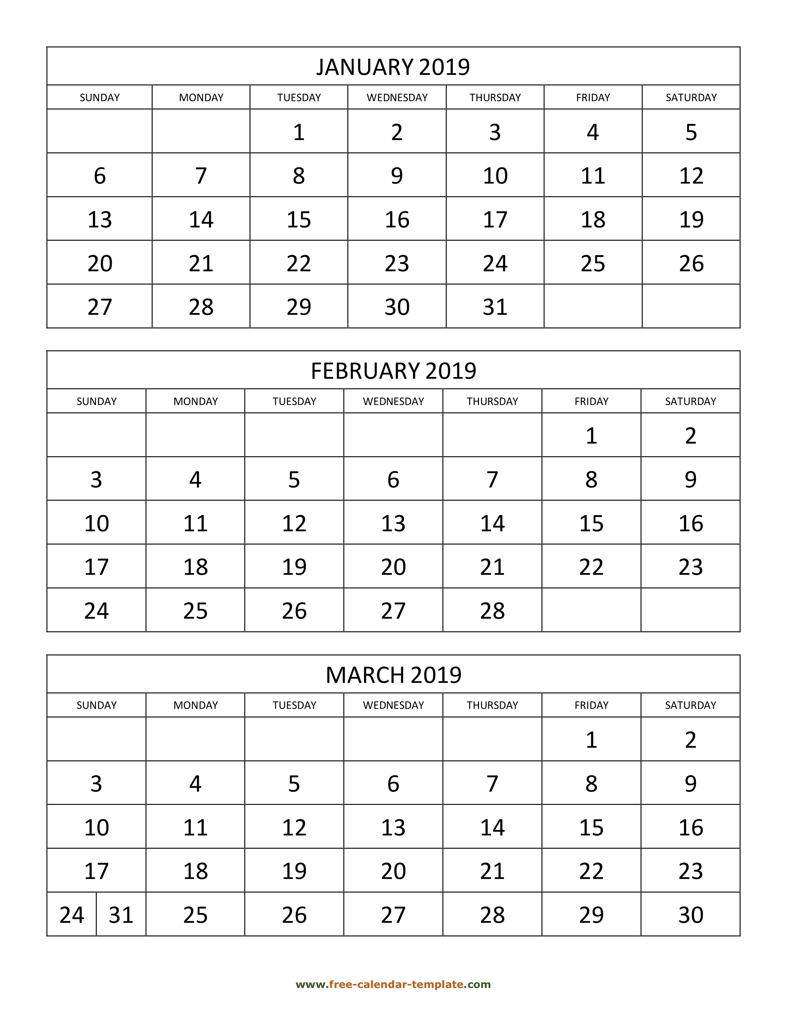 Free Monthly Calendar 2019, 3 Months Per Page (Vertical Free Printable Calendars 3 Months 2021