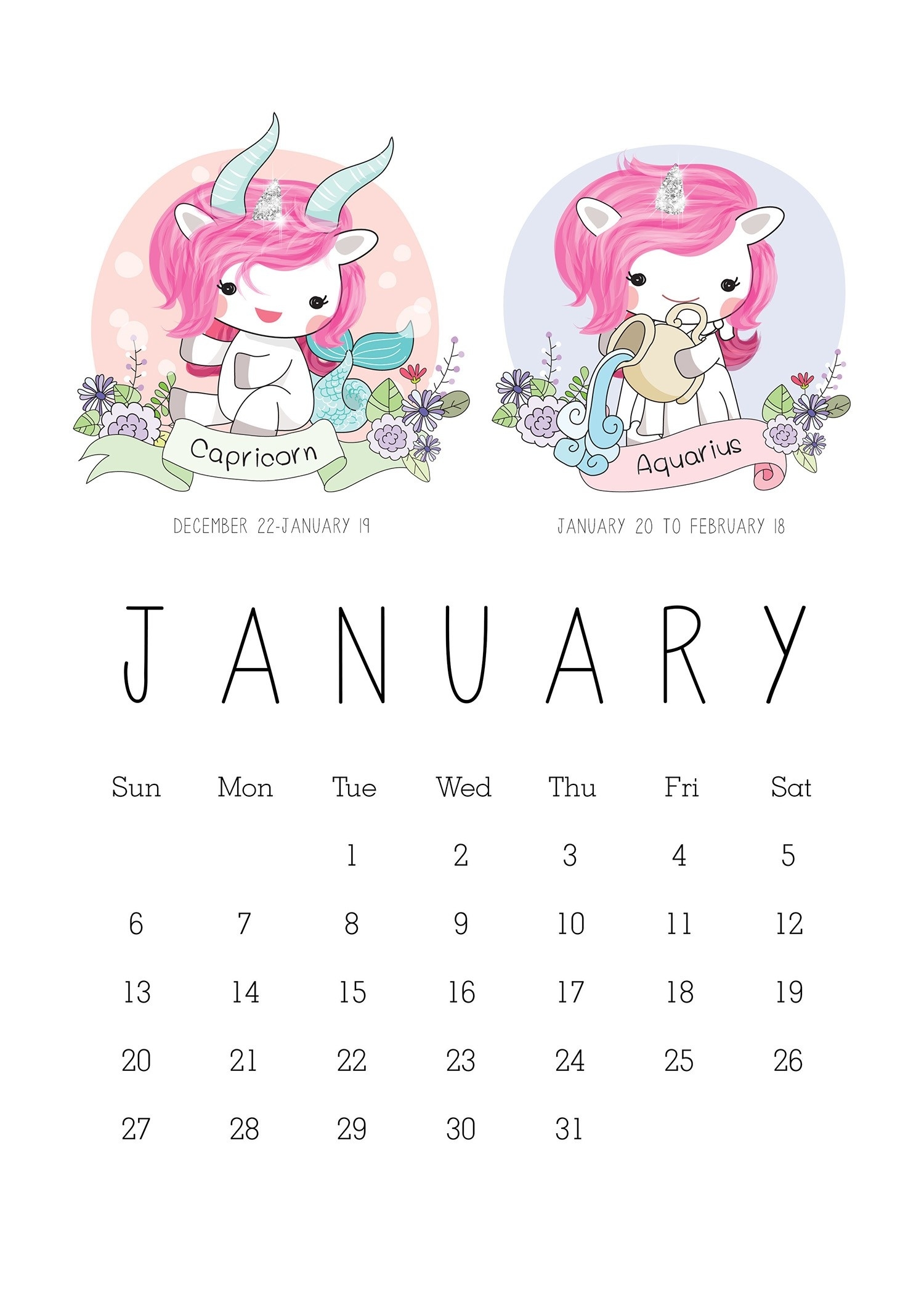 Free Printable 2019 Zodiac Sign Kawaii Unicorn Calendar Free Printable Zodiac Calendar