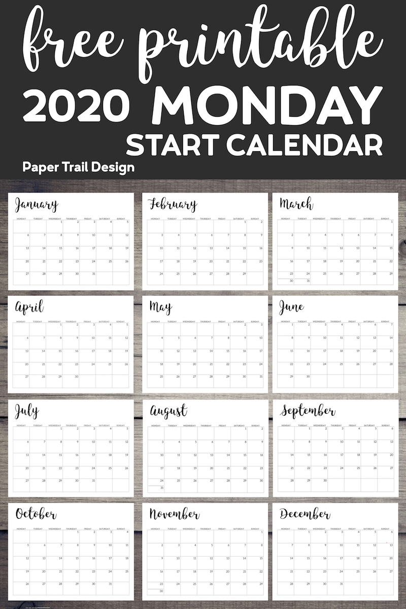 Free Printable 2020 Calendar - Monday Start | Paper Trail Design Calendar Template Monday Start