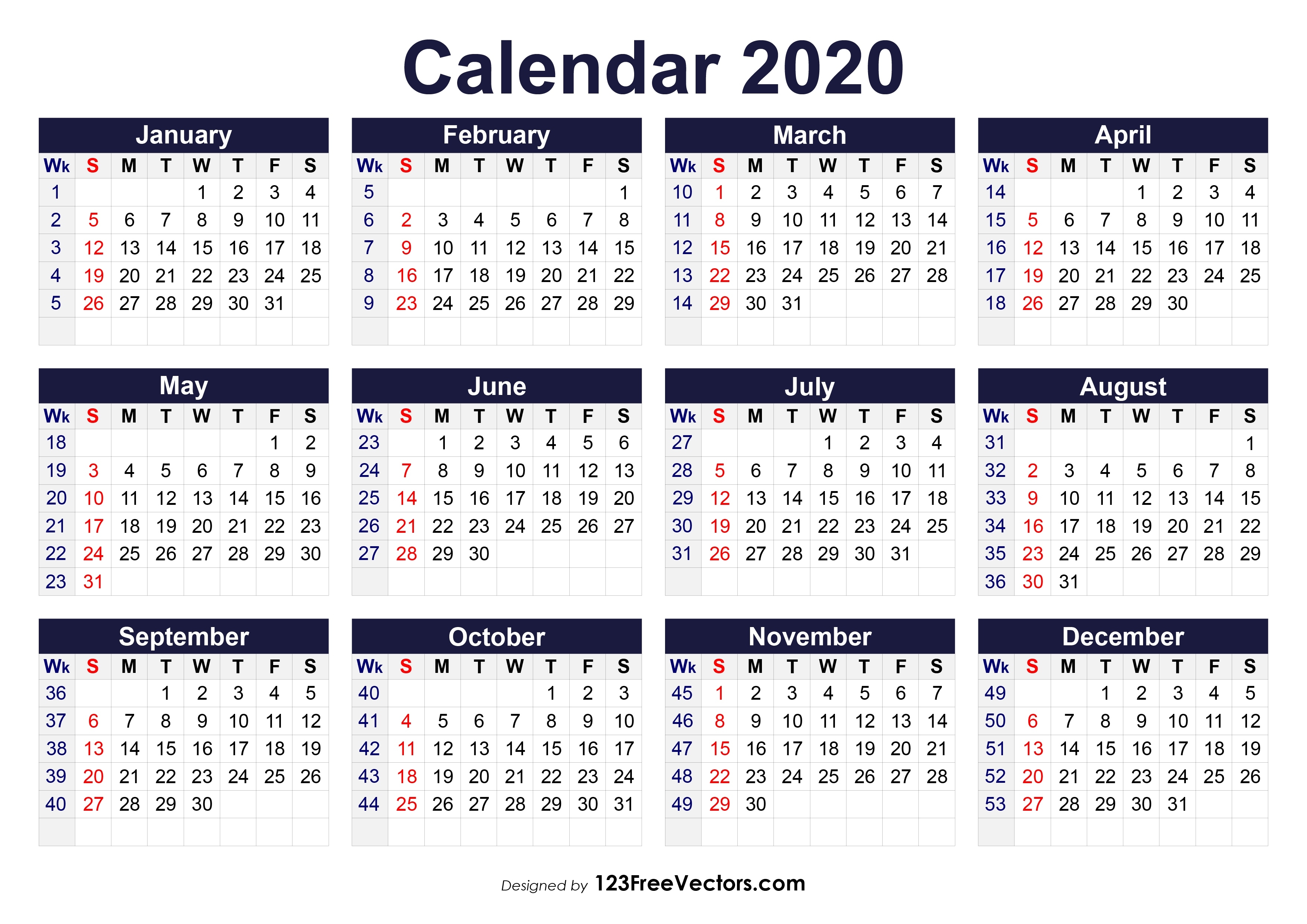 Free Printable 2020 Calendar With Week Numbers 24 X 36 Calendar Template
