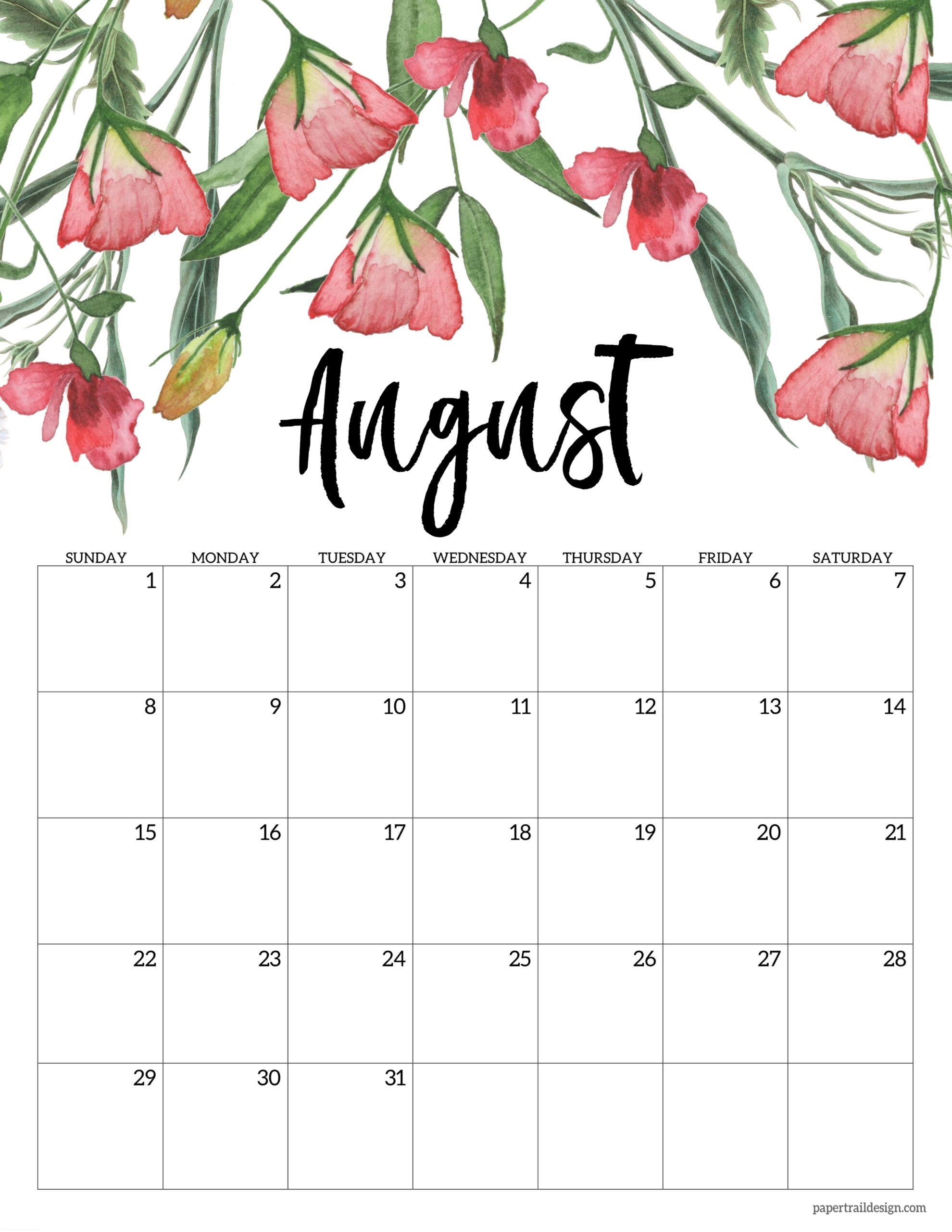 Free Printable 2021 Floral Calendar | Paper Trail Design August 2021 Calendar Print