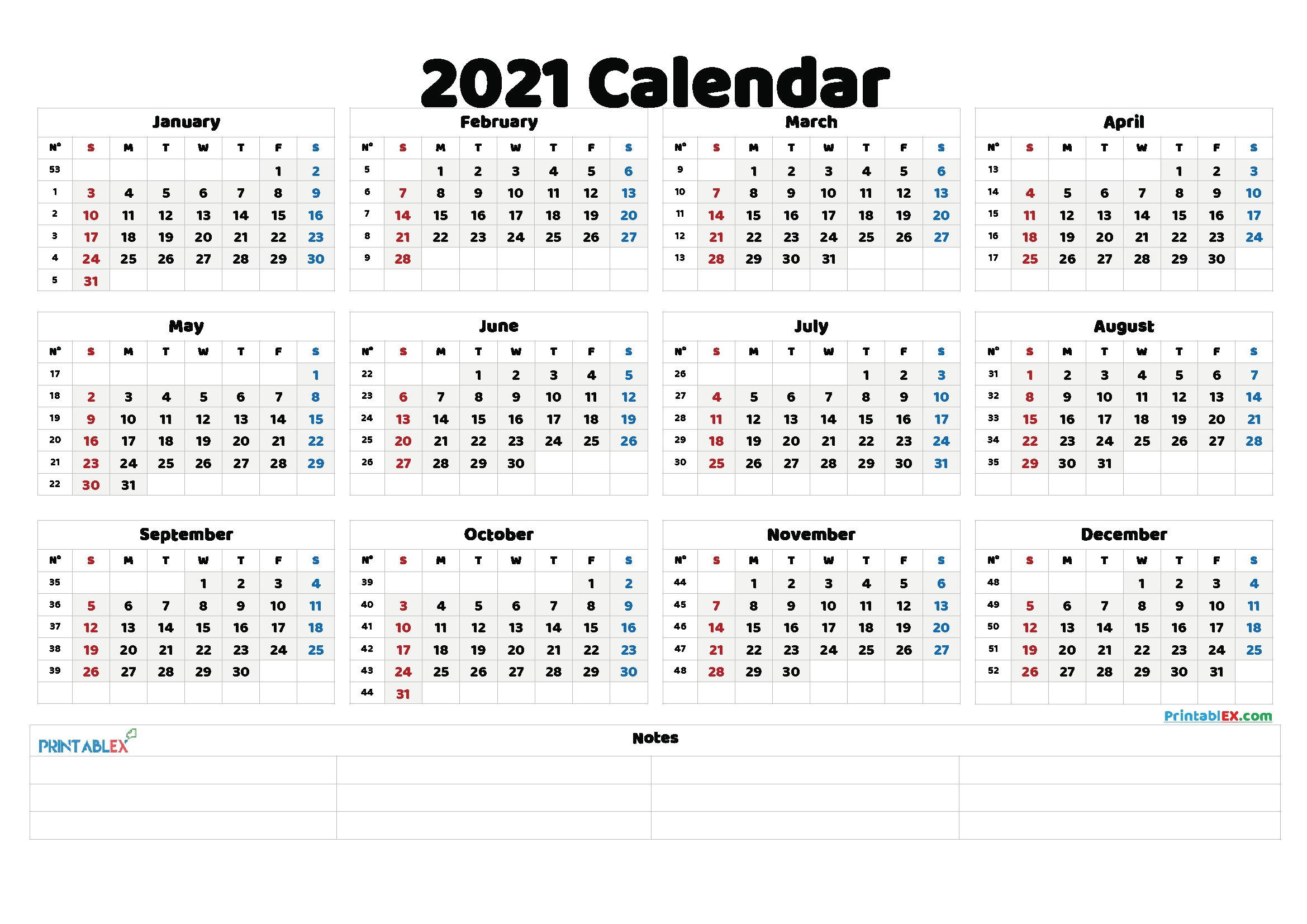 Free Printable 2021 Yearly Calendar With Week Numbers Year Calendar Numbers Template