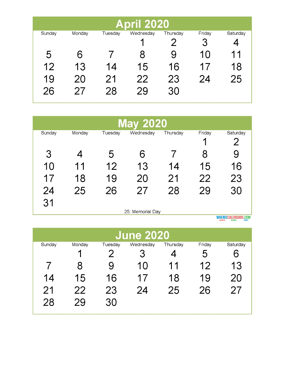 Free Printable 3 Month Calendar 2020 April May June | Free 2021 3 Month Monthly Printable Calendars