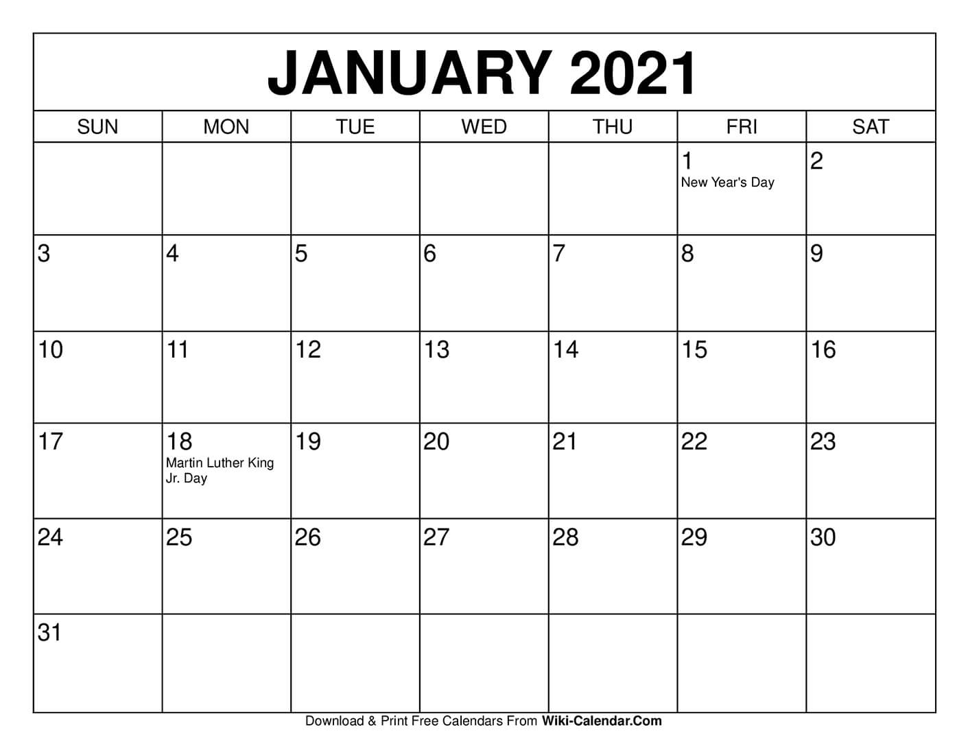 Free Printable January 2021 Calendars Printable Calendar 2021