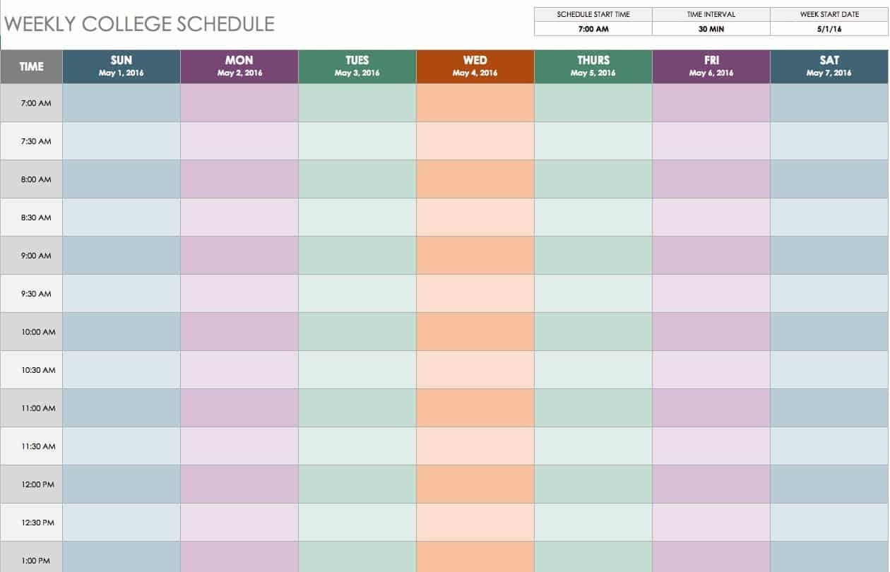 Free Weekly Schedule Templates For Excel - Smartsheet Weekly Calendar Template 30 Minute Increments