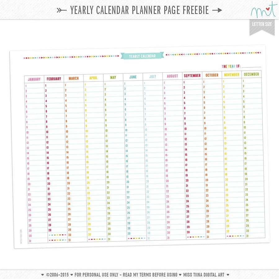 Free Yearly Calendar Planner Page Printables | Planner Year Calendar Schedule Template