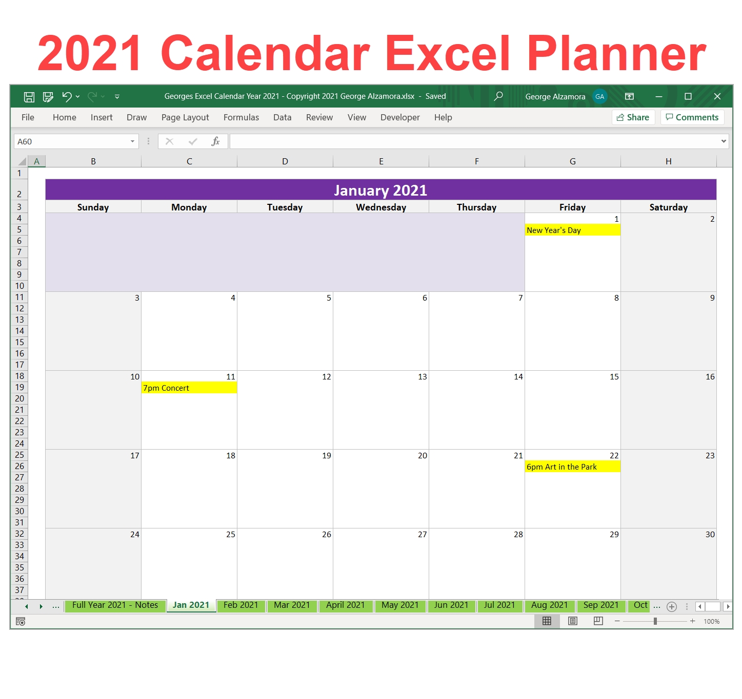 Georges Excel Calendar Year 2021 In 2020 | Excel Calendar Planner 2021 Excel Calendar Template