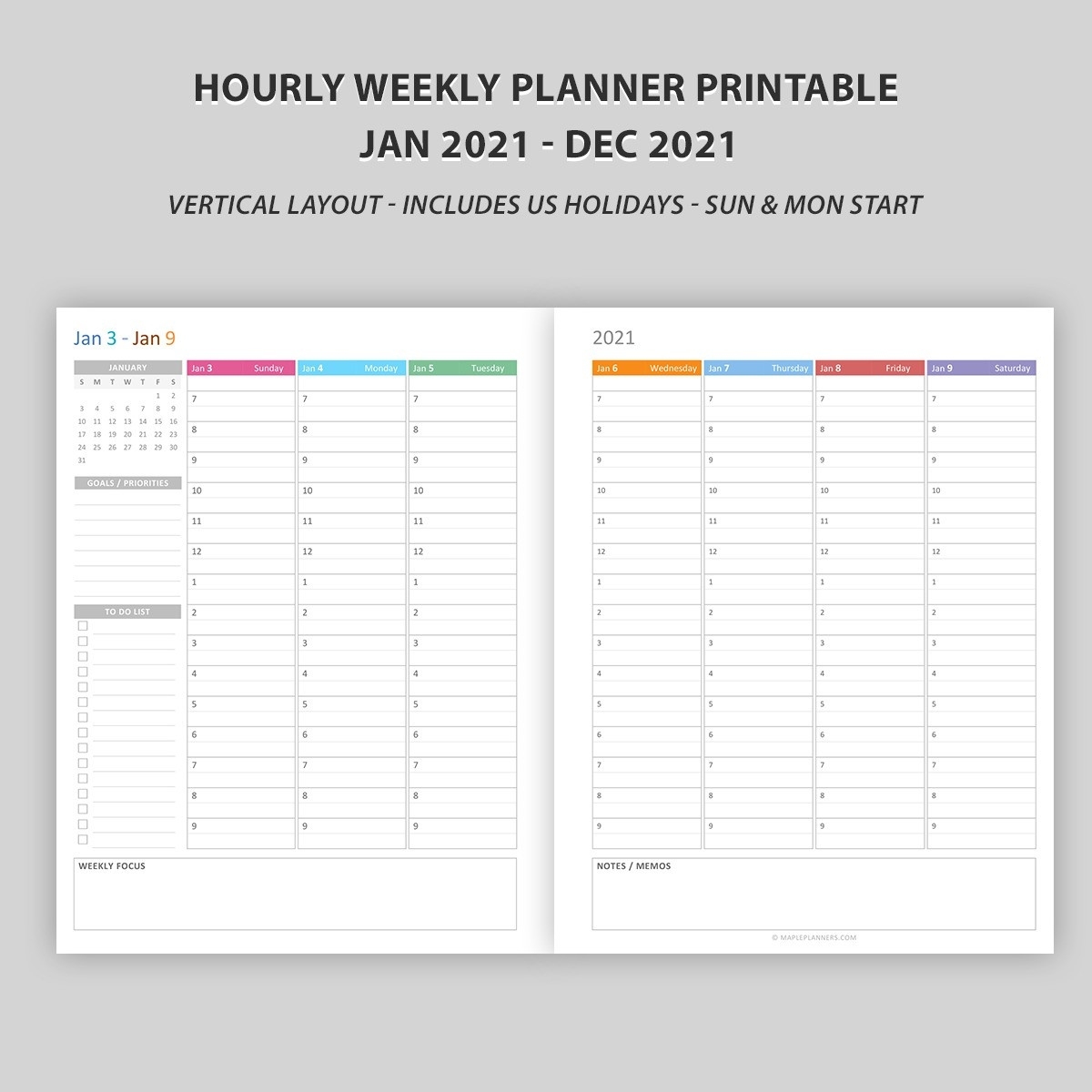 Hourly Weekly Planner 2021 Vertical Layout Hourly Calendar 2021