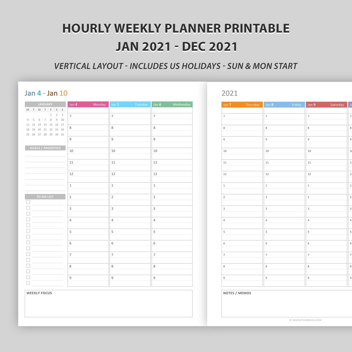 Hourly Weekly Planner 2021 Vertical Layout Hourly Calendar 2021