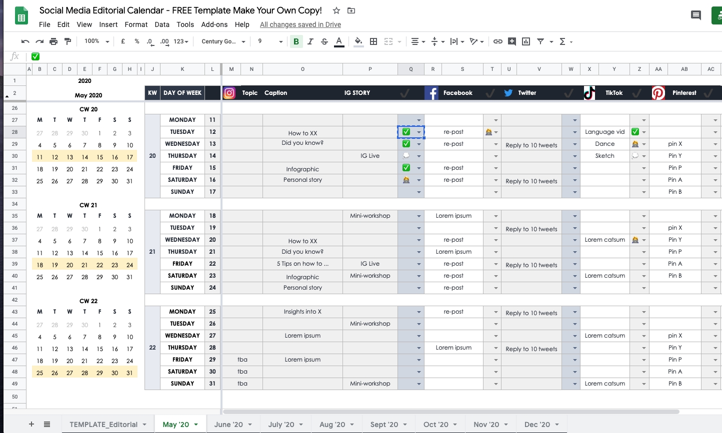 How To Plan Your Social Media In 2020 As An Individual Or Editorial Calendar Template Google Sheets