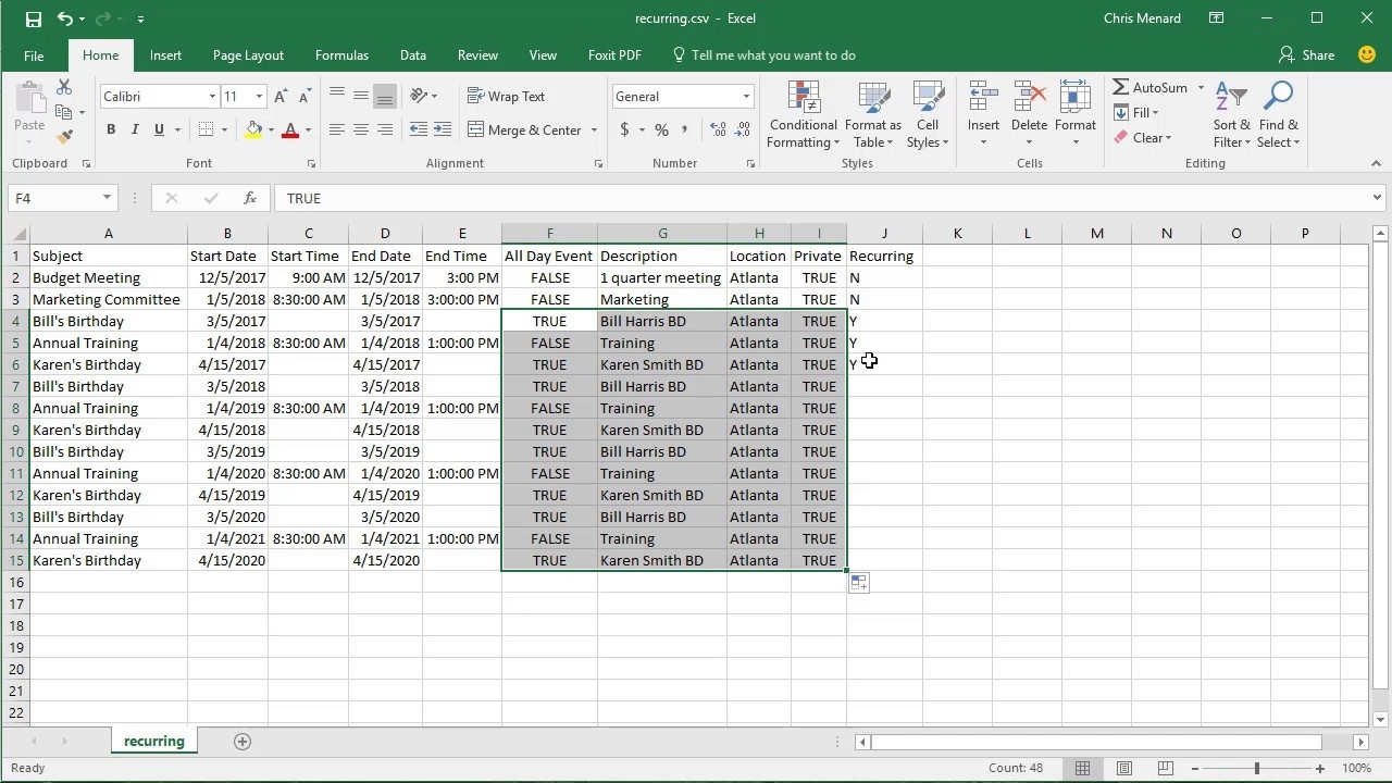 Import Csv File With Recurring Events Into Google Calendar By Chris Menard Calendar Upload Template In Excel