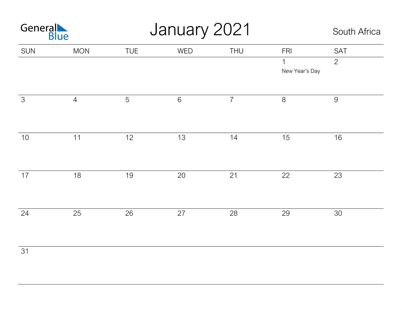 January 2021 Calendar - South Africa Printable Calendar 2021 South Africa