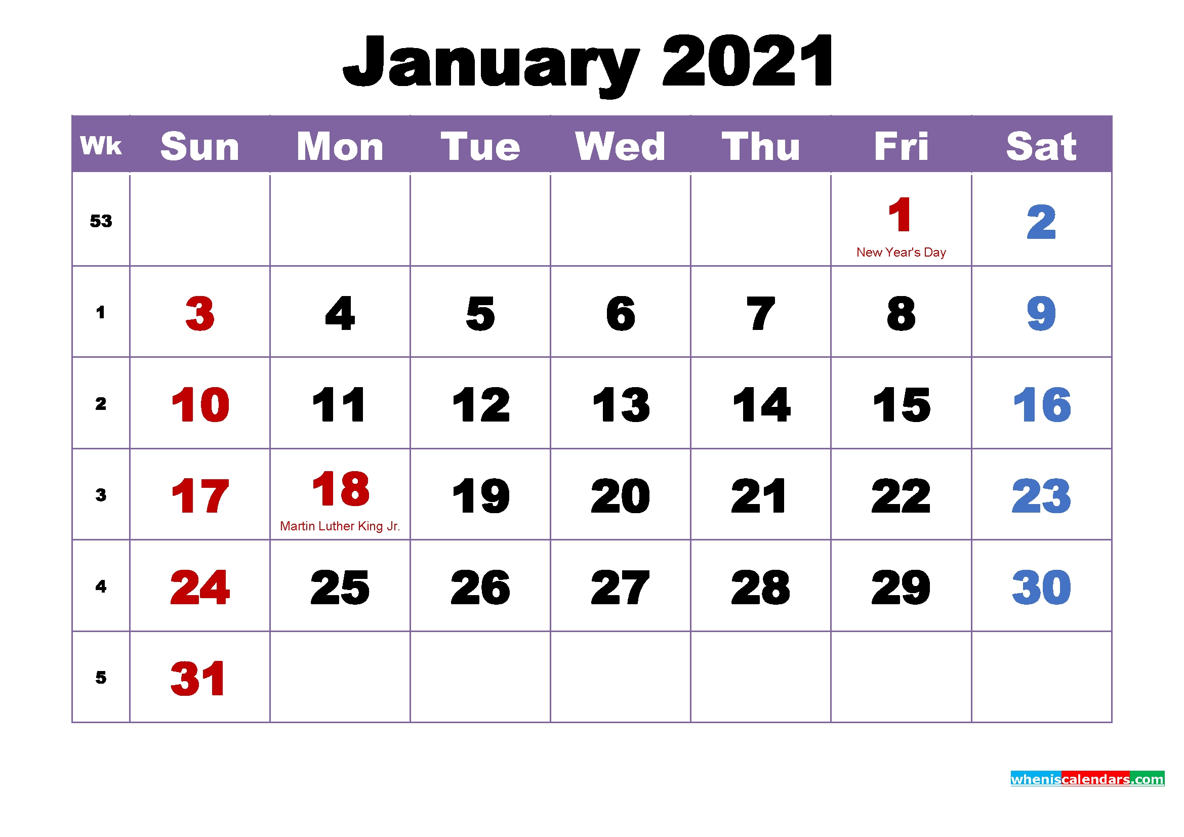 January 2021 Calendar With Holidays Printable – Free 2020 2021 Monthly Calendar Printable Pdf