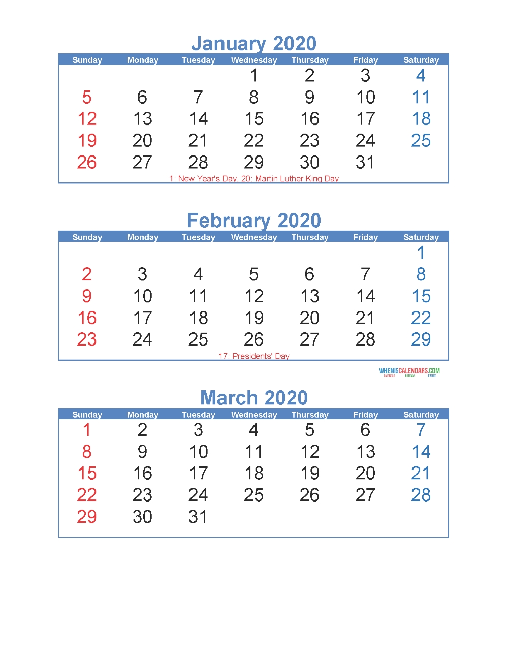 January February March 2020 Calendar 3 Months Per Page 2021 3 Month Monthly Printable Calendars