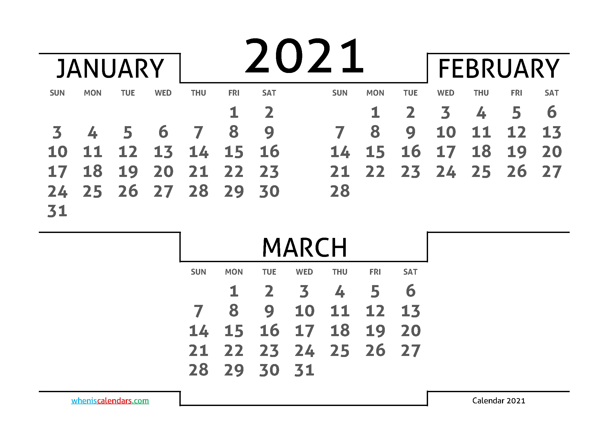 January February March 2021 Printable Calendar | 3 Month 3 Month Calendar 2021 Printable
