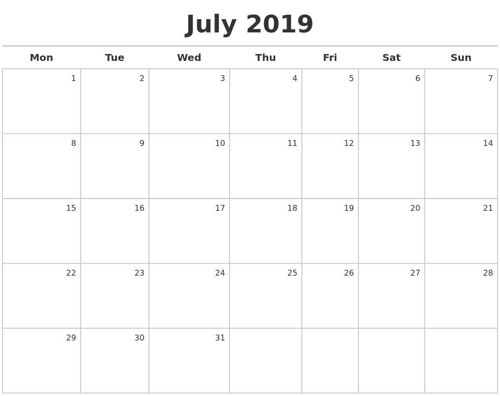 July 2019 Blank Calendar Monday Start | Calendar 2019 Calendar Template Monday Start