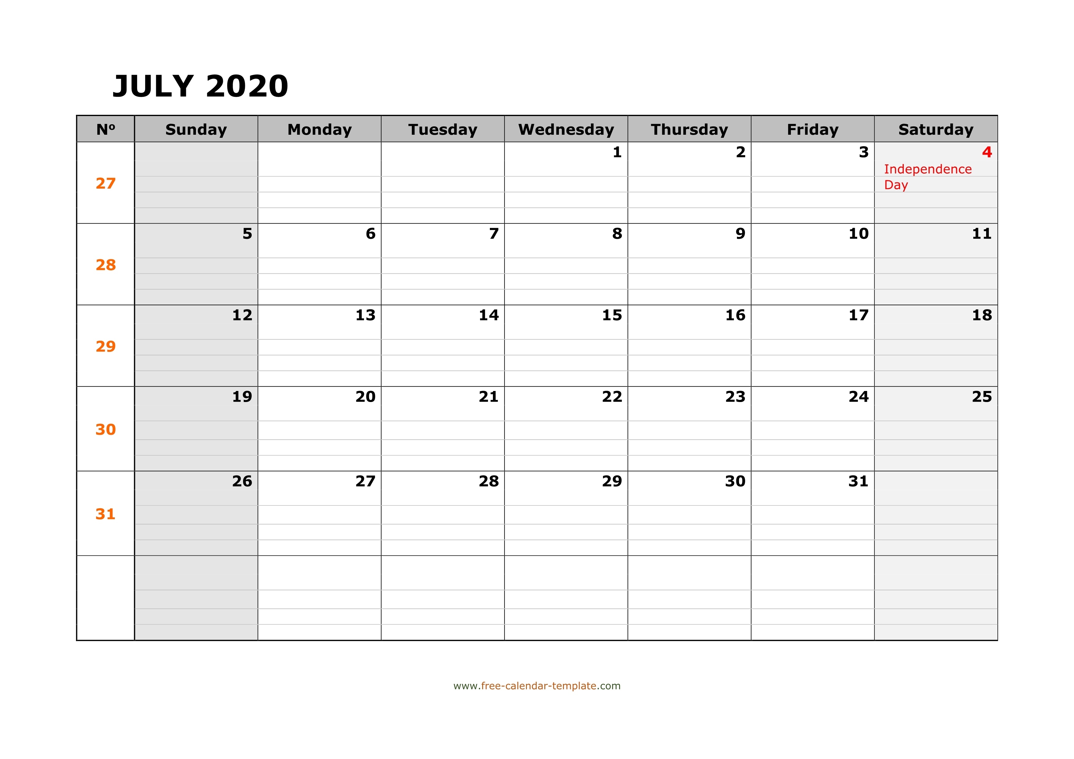 July 2020 Calendar Free Printable With Grid Lines Designed Calendar Template With Lines