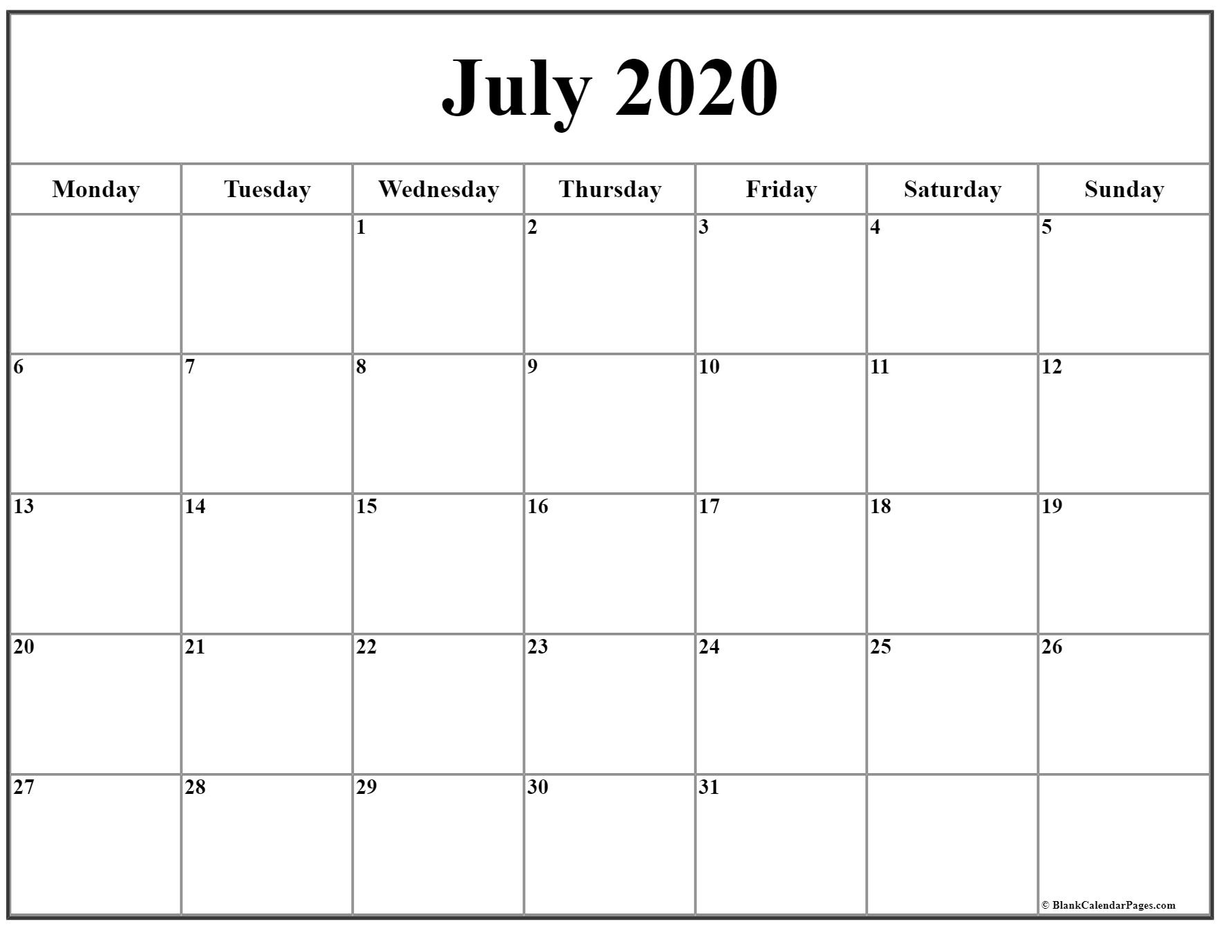 July 2020 Monday Calendar | Monday To Sunday Calendar Template Monday Start