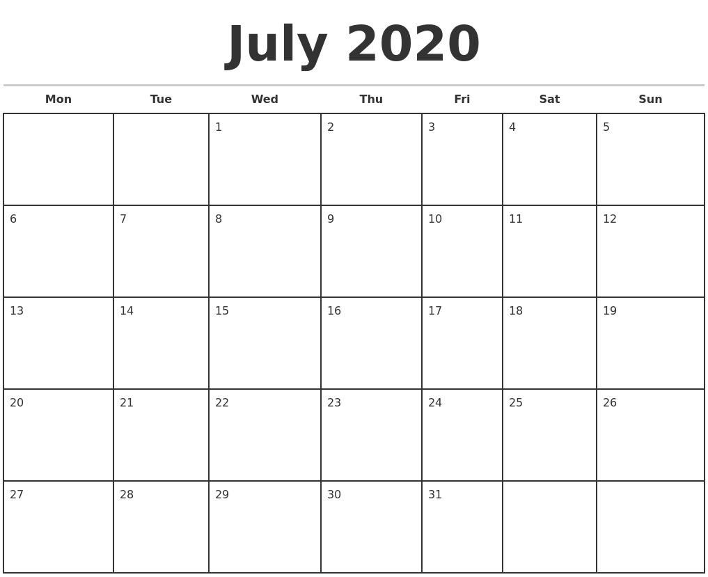 July 2020 Monthly Calendar Template Calendar Template Monday Start