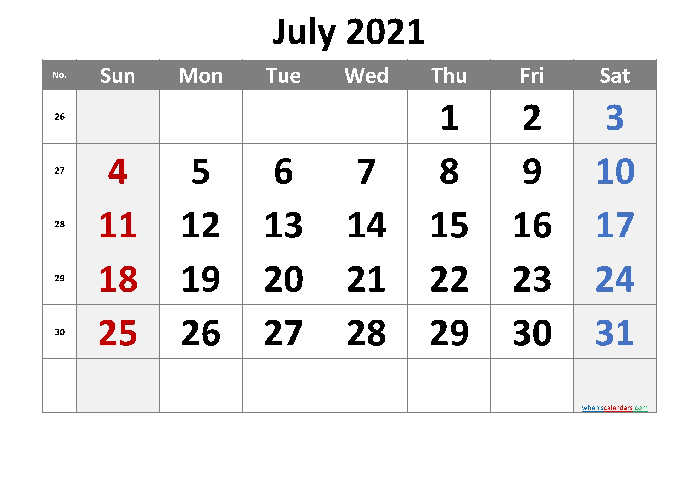 July 2021 Printable Calendar With Week Numbers [Free Premium Free Calendar Numbers Template