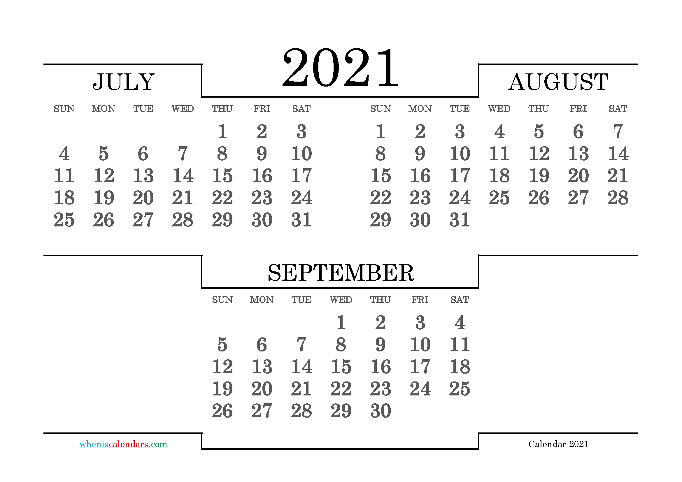 July August September 2021 Printable Calendar | 3 Month 3 Month Printable Calendar Templates 2021 Sept
