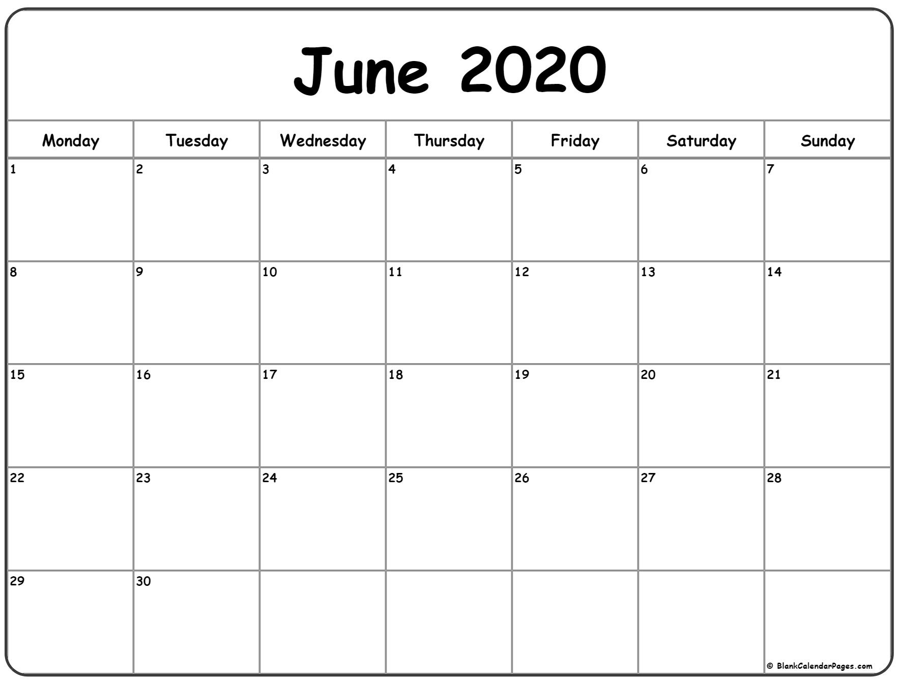 June 2020 Monday Calendar | Monday To Sunday Calendar Template Monday Start