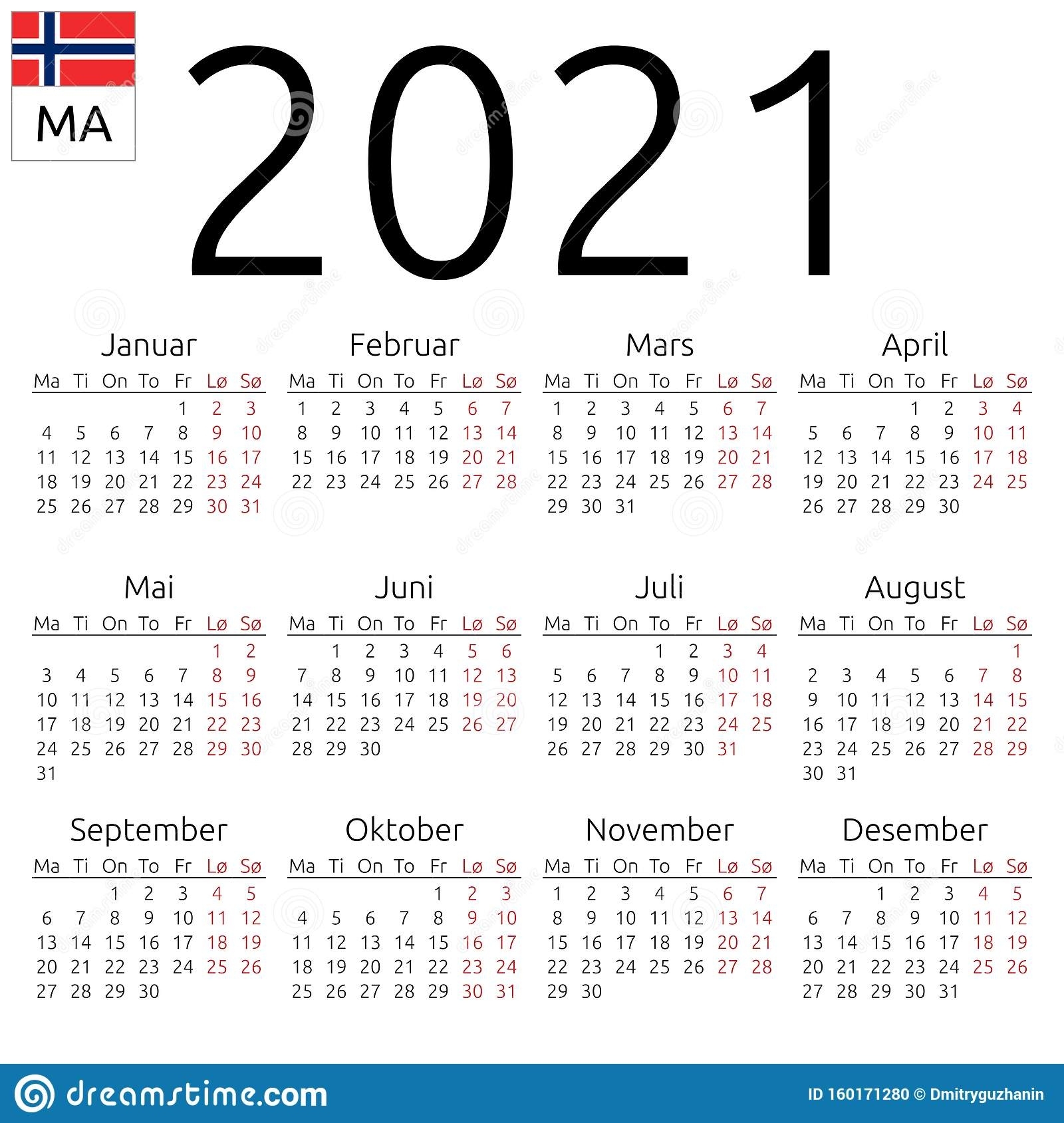 Kalendarz 2021, Norwegia, Poniedziałek Ilustracja Wektor Kalendarz Roczny 2021 2021