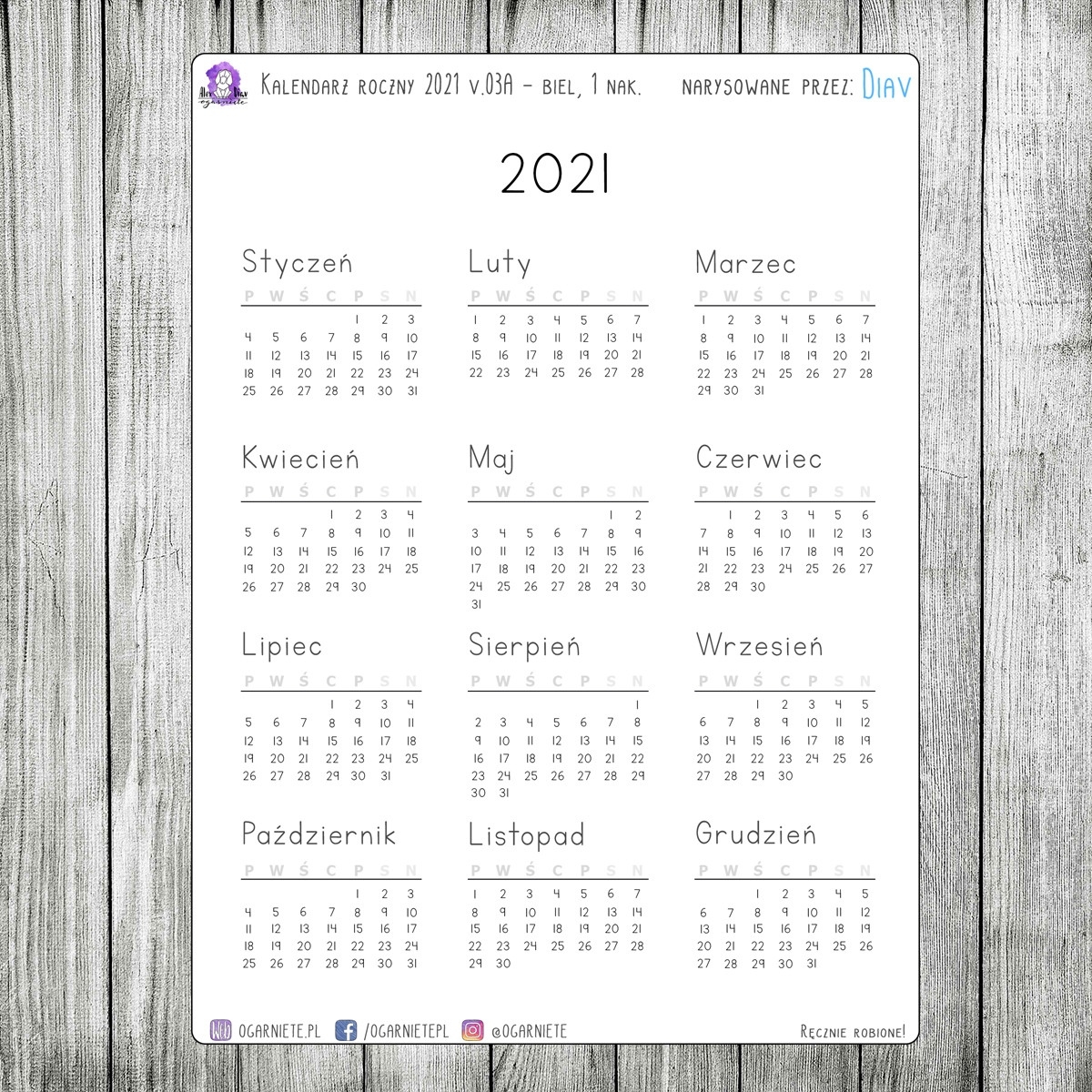 Kalendarz Roczny 2021, V03A - Biały, 1 Naklejka Kalendarz Roczny 2021 2021