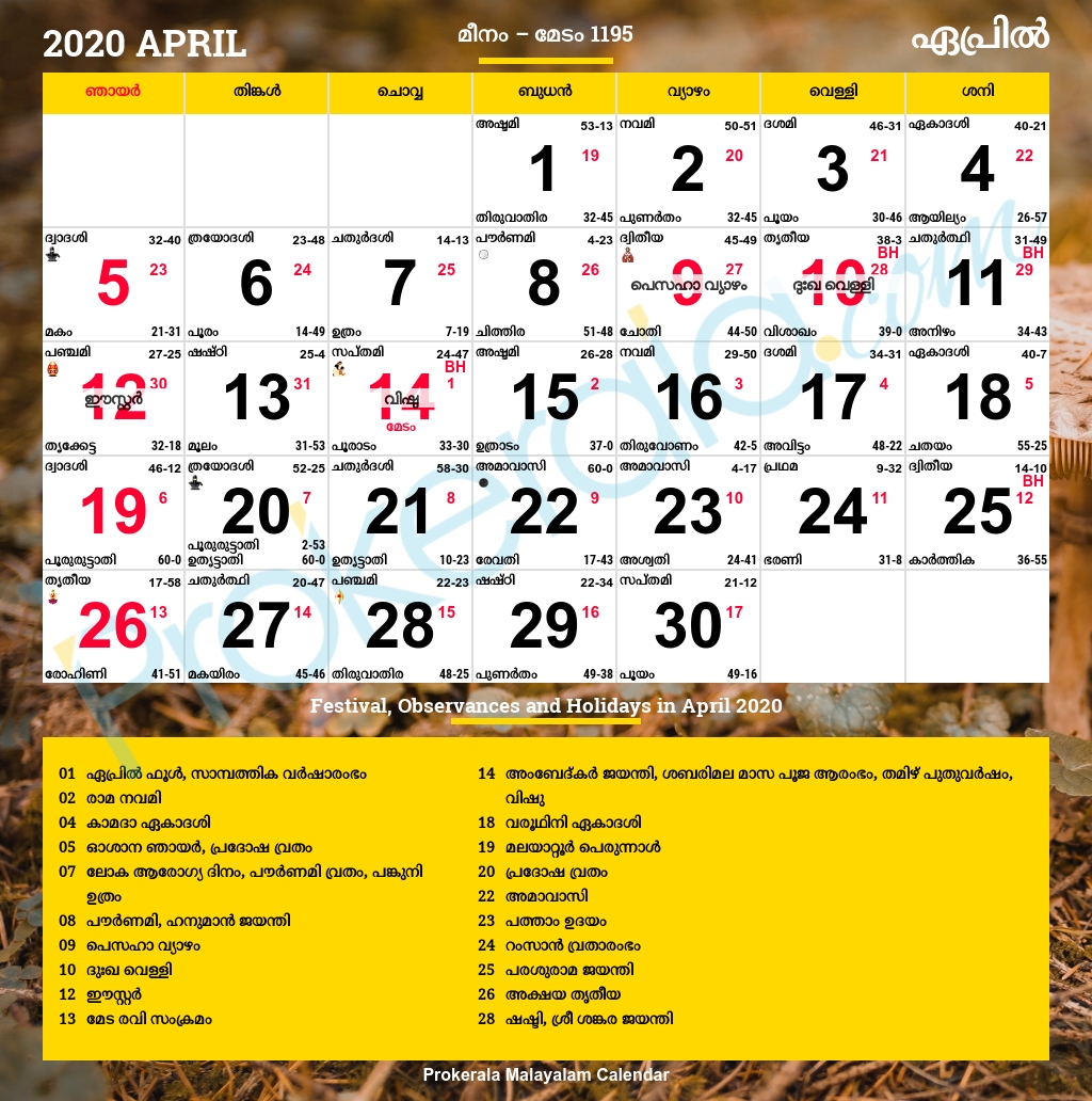 Malayalam Calendar 2020, April Malayalam Calendar Zodiac Signs